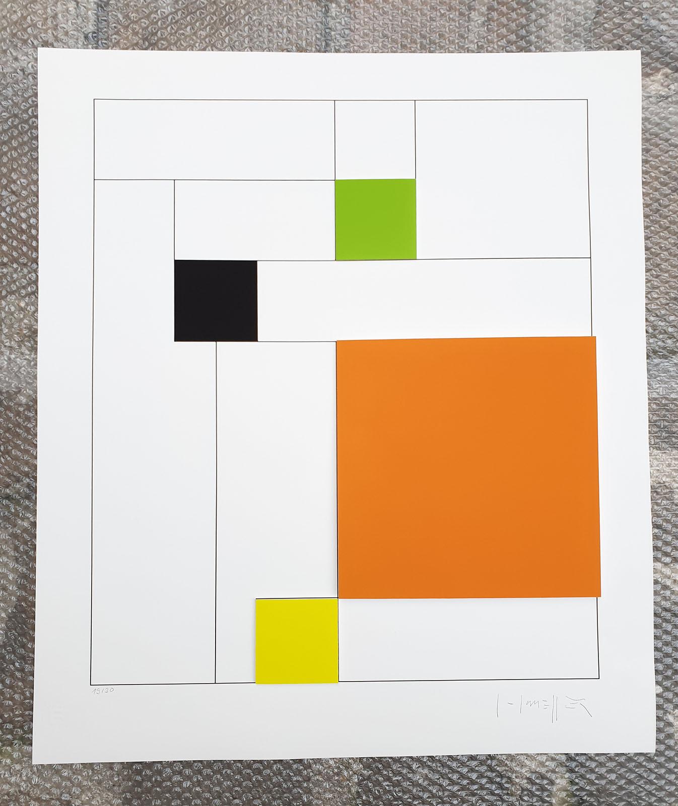 Gottfried Honegger
Composition 4 3D squares (orange, green, black, yellow)
2015 
Silkscreen print signed in pencil and numbered on 30 copies by the artist.
Dry stamp of the publisher in the margin at the lower left corner.
Condition: excellent; the