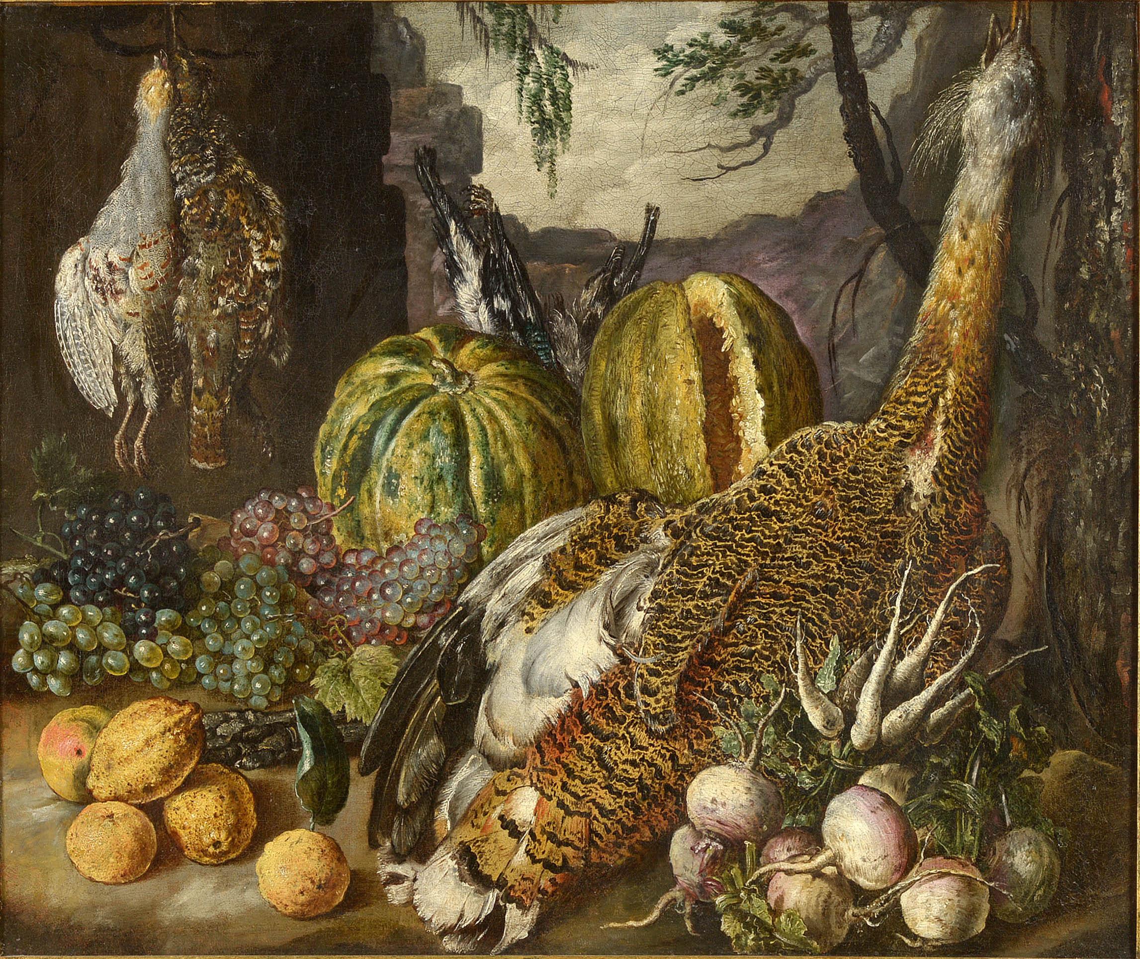 Nature morte avec oiseaux, fruits et légumes, paysage signé Gottfried Libalt