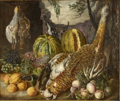 Gottfried Libalt, Naturaleza muerta con pájaros, frutas y verduras Paisaje, firmado