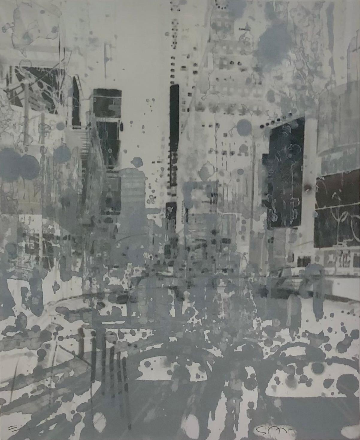 "Untitled, State V" - Black and White Painted Photograph of New York City