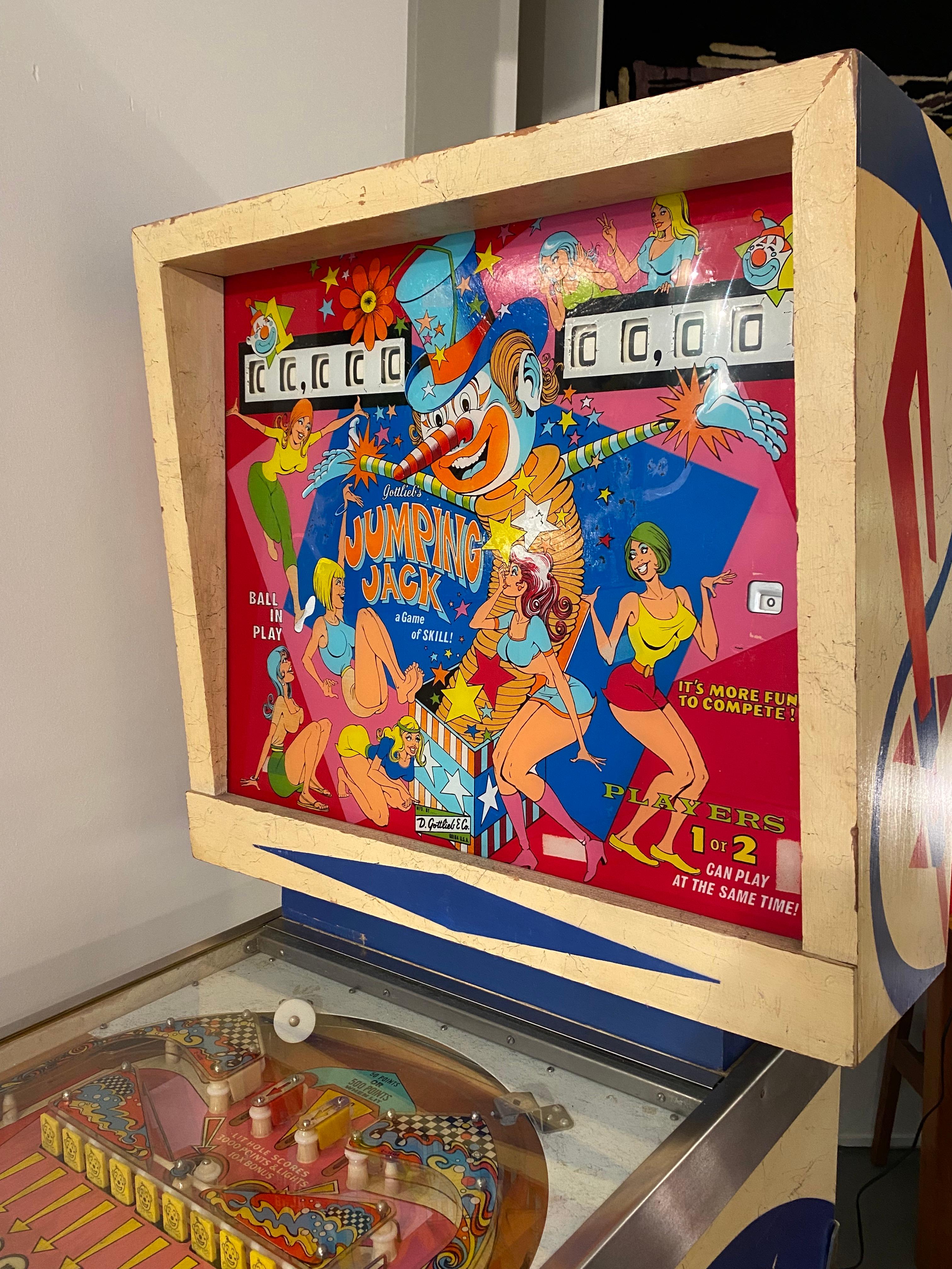 Gottlieb. Flipper
Flipper Jumping Jack
Les Gottlies de Chicago
Vers 1972 
Dimensions : Hauteur 176 cm x longueur 57 cm x profondeur 132 cm 
Révision et réélectrification selon les normes de 2019 
Prix : 4900 € pour les Gottlies.
    
