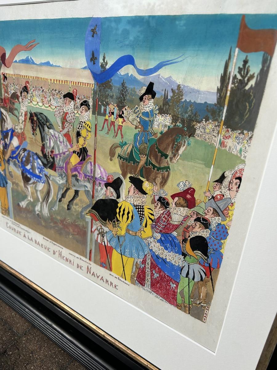 Gouache von Paul Mirat - „Race for the Ring of Henry of Navarre“ im Zustand „Gut“ im Angebot in PAU, FR