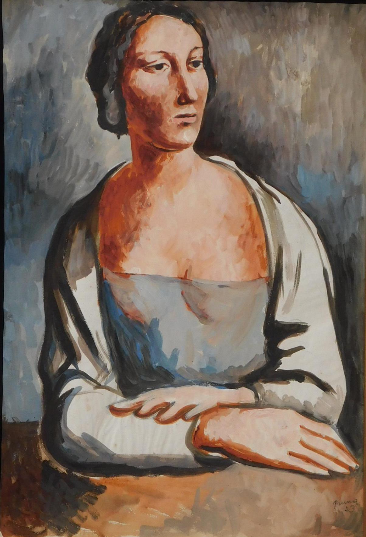 A beautiful work by Spanish painter Pedro Pruna y Ocerans (1904-1977).
The painting and frame are in excellent condition.

Title: “Femme Assise” 
Medium: Gouache
Date: 1923
Size: 25
