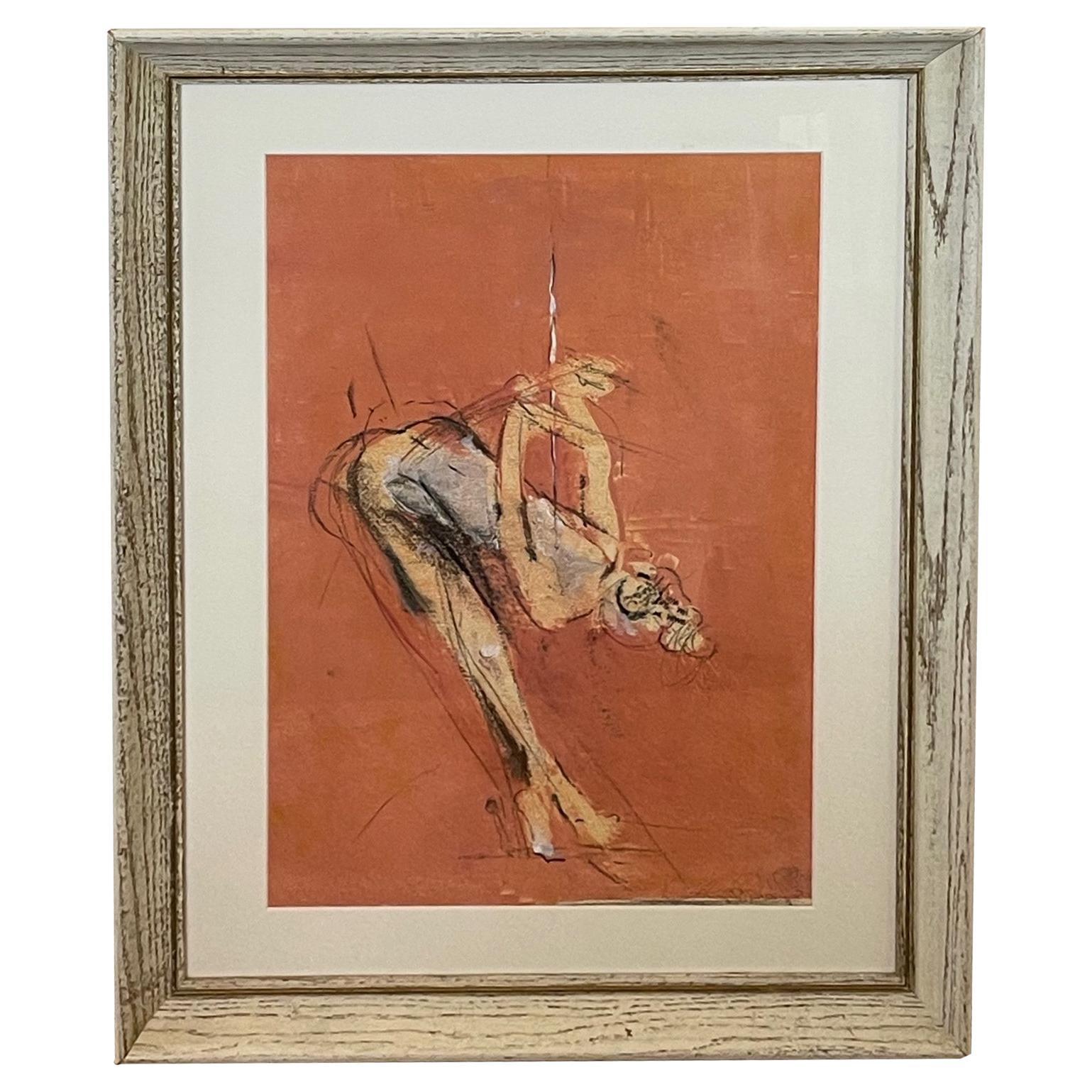 Gouache, fusain et pastel sur papier, dessin d'une ballerine du milieu du siècle