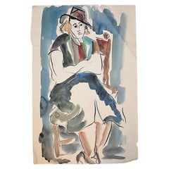 Gouache Zeitgenössische Porträtmalerei einer Frau Signiert Helen Wagner Malta 1930