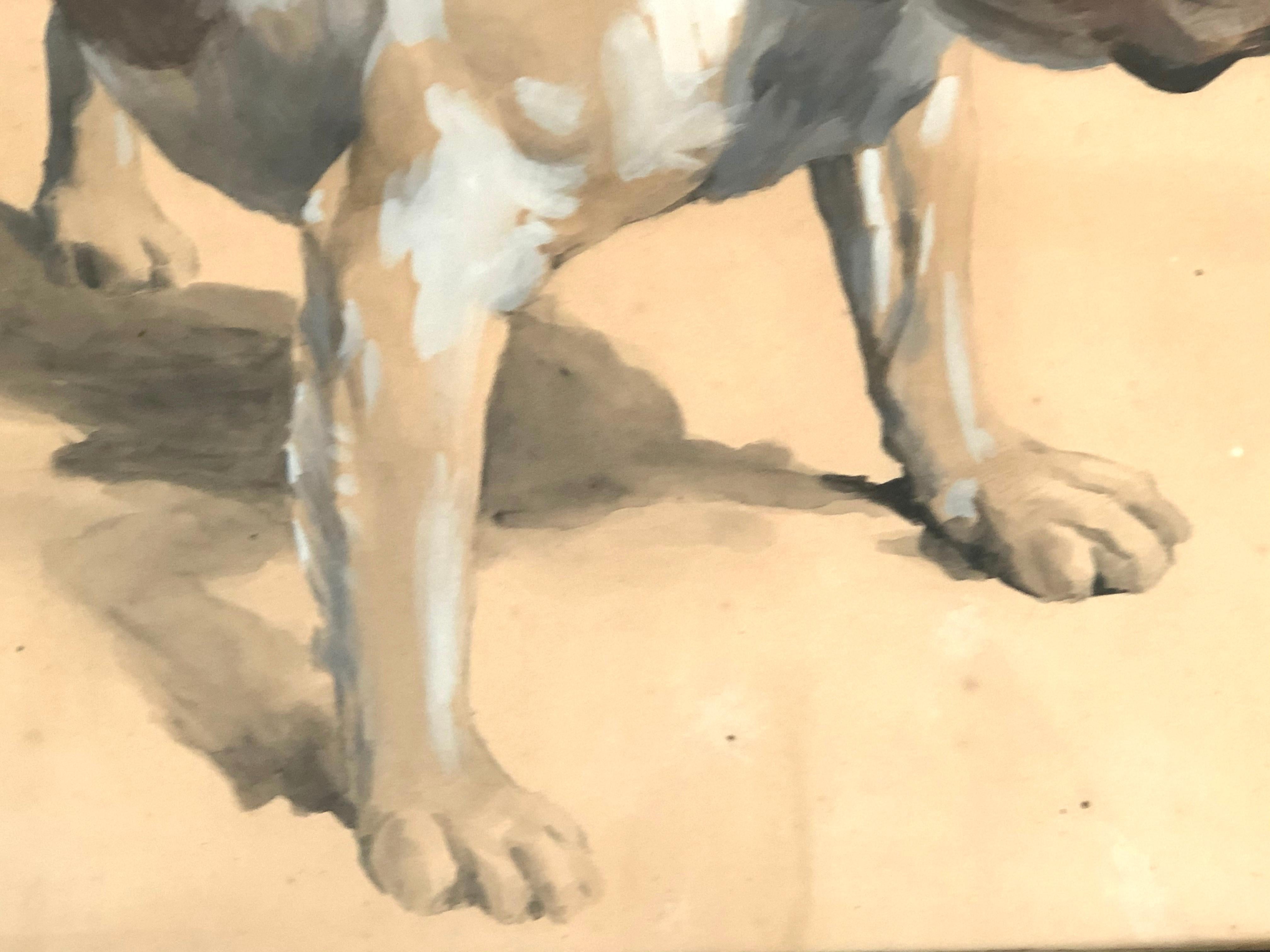 Veneer Gouache Drawing of a Bulldog, American in Original Frame, circa 1890-1900