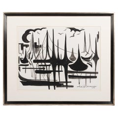 Vintage Gouache in Black and White by Joseph Espalioux Sign, 1974, Professionally Framed