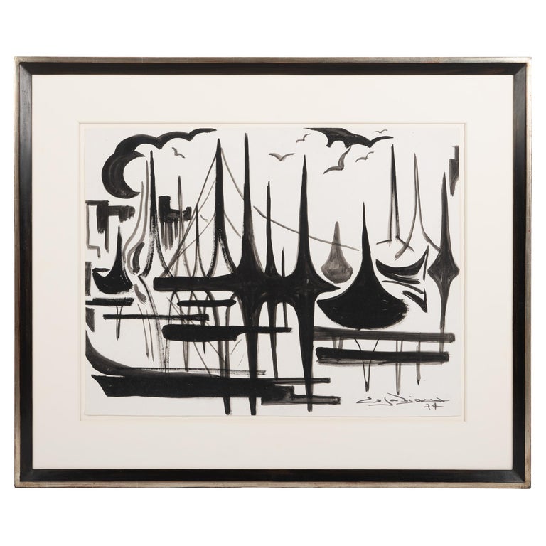 Gouache in Black and White by Joseph Espalioux Sign, 1974, Professionally Framed For Sale