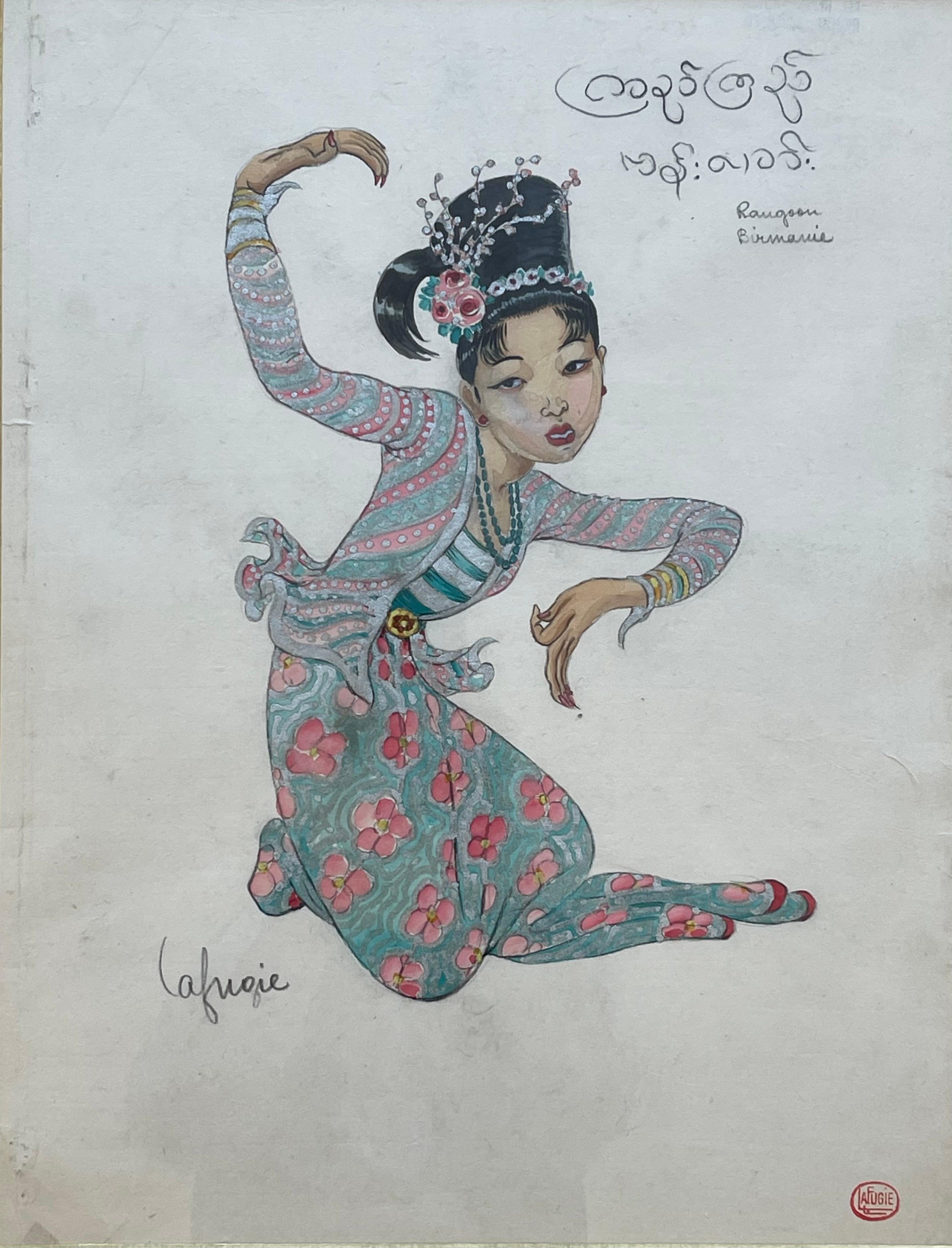 Gouache einer birmanischen Tänzerin, Léa LAFUGIE (1890-1972) (Art déco) im Angebot