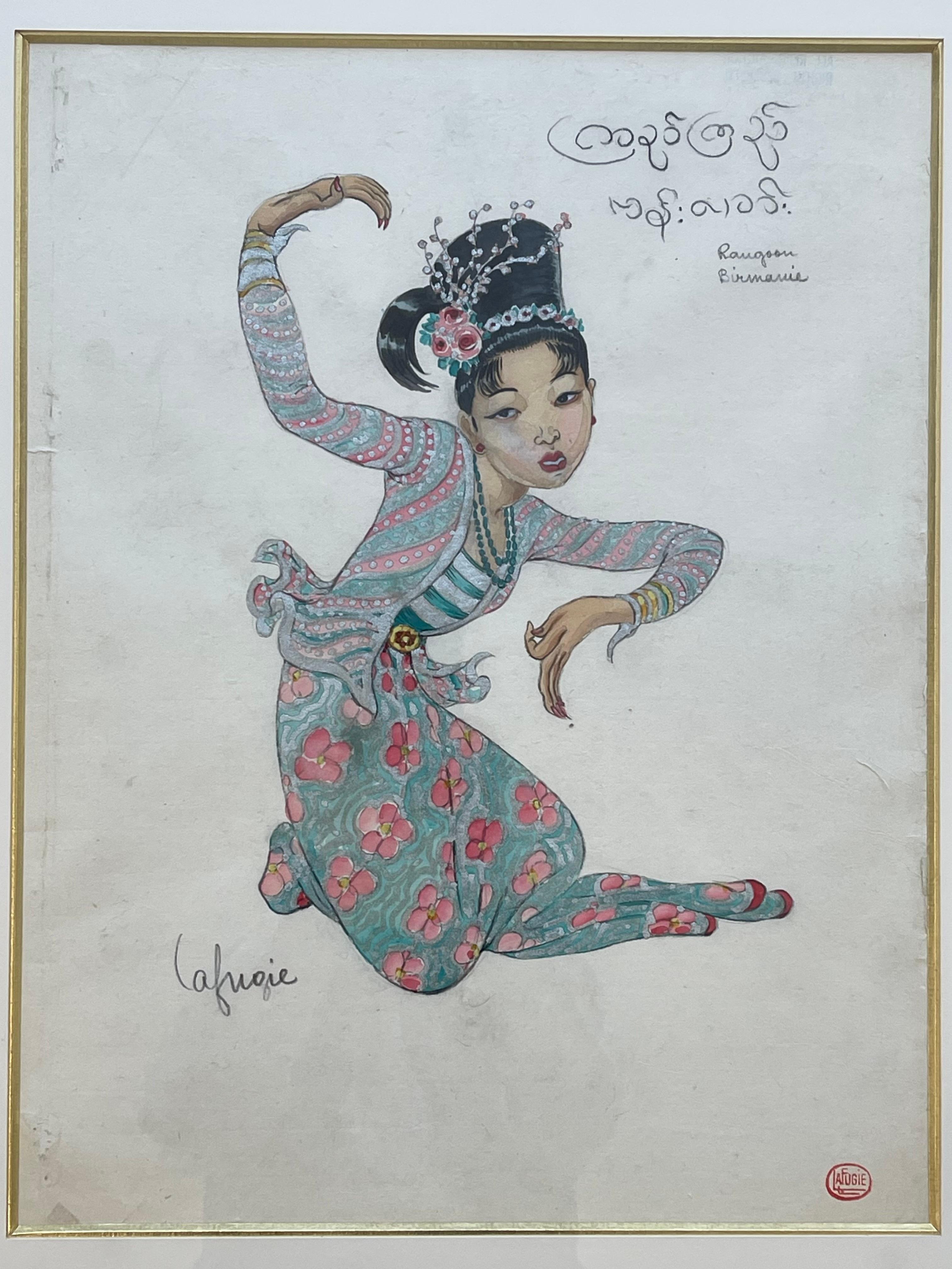 Gouache einer birmanischen Tänzerin, Léa LAFUGIE (1890-1972) (Birmanisch) im Angebot