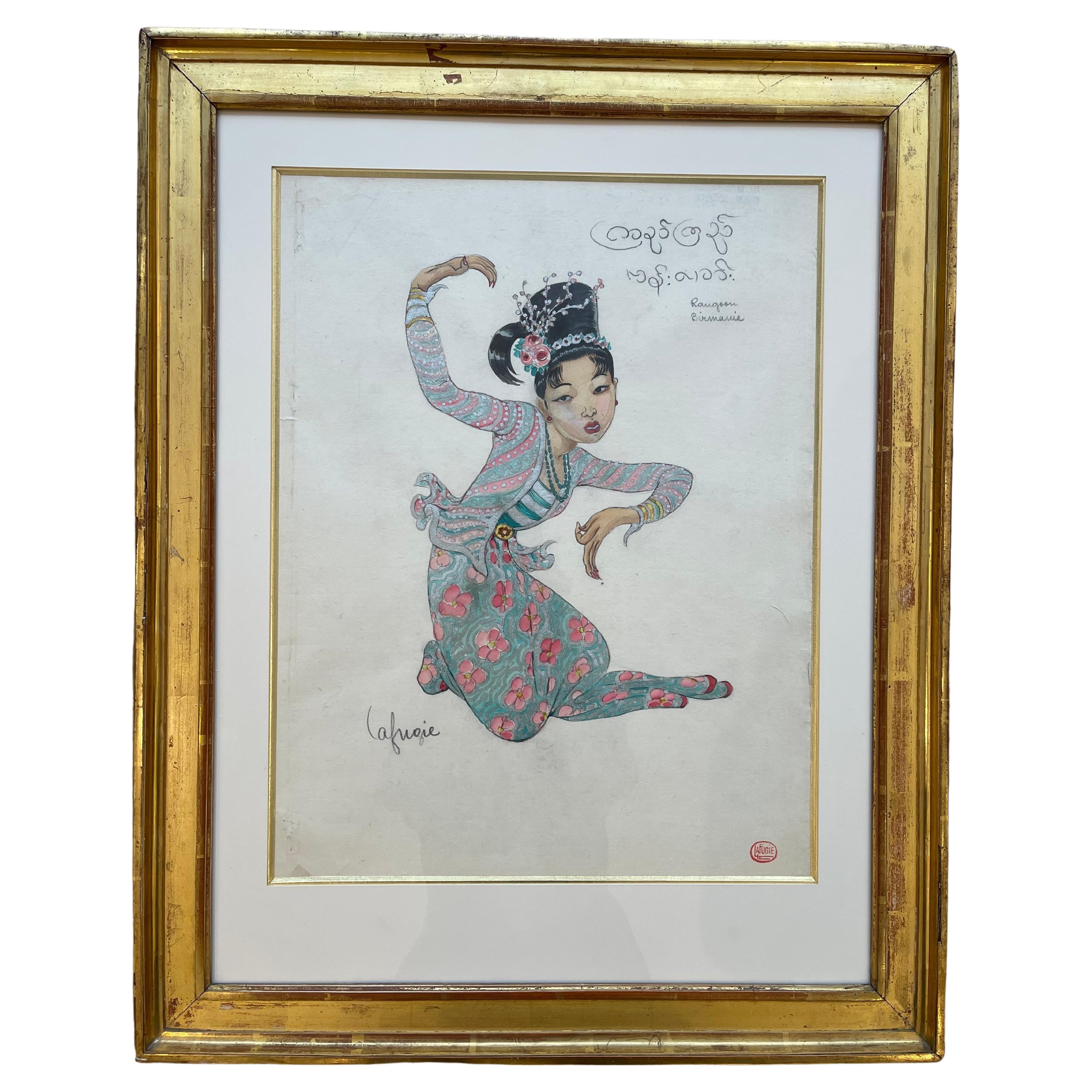 Gouache d'une danseuse birmane, Léa LAFUGIE (1890-1972) en vente