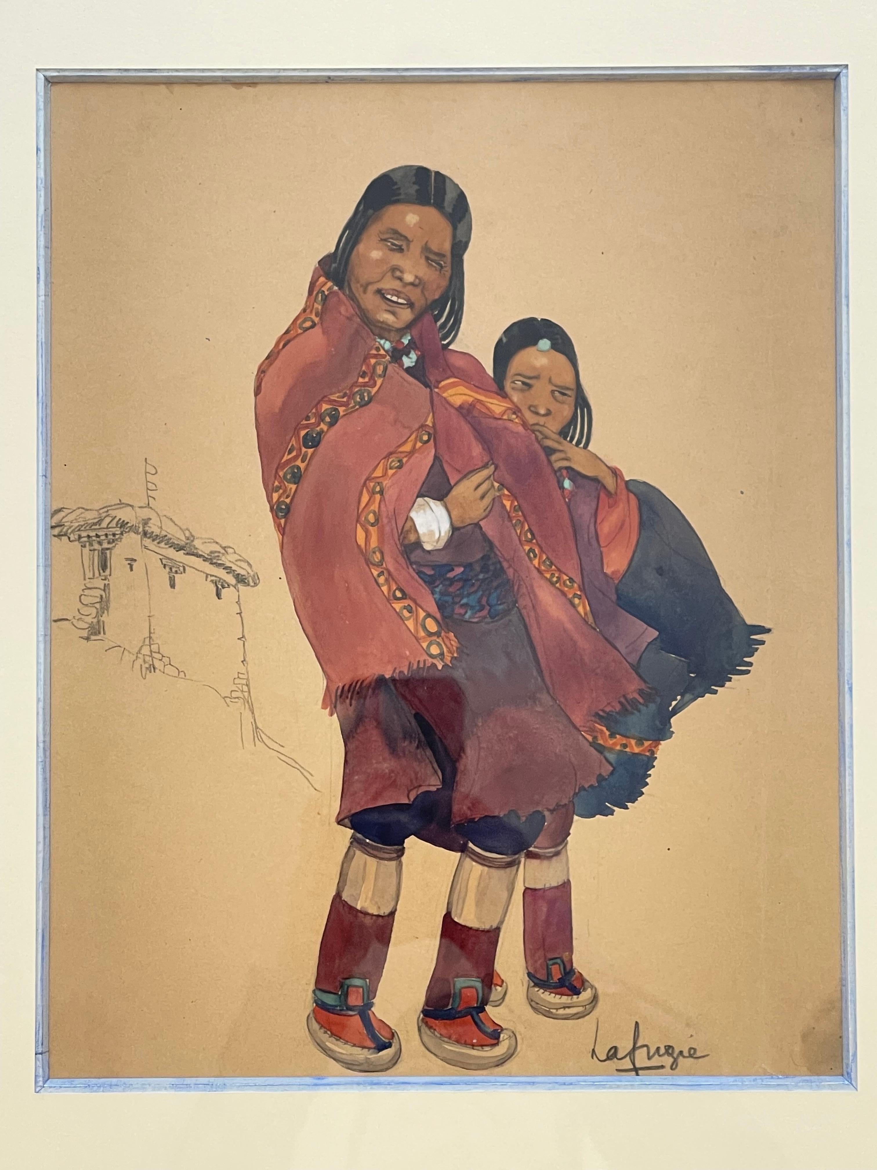  Gouache einer tibetischen Frau mit Kind, Léa LAFUGIE (1890-1972) (Art déco) im Angebot