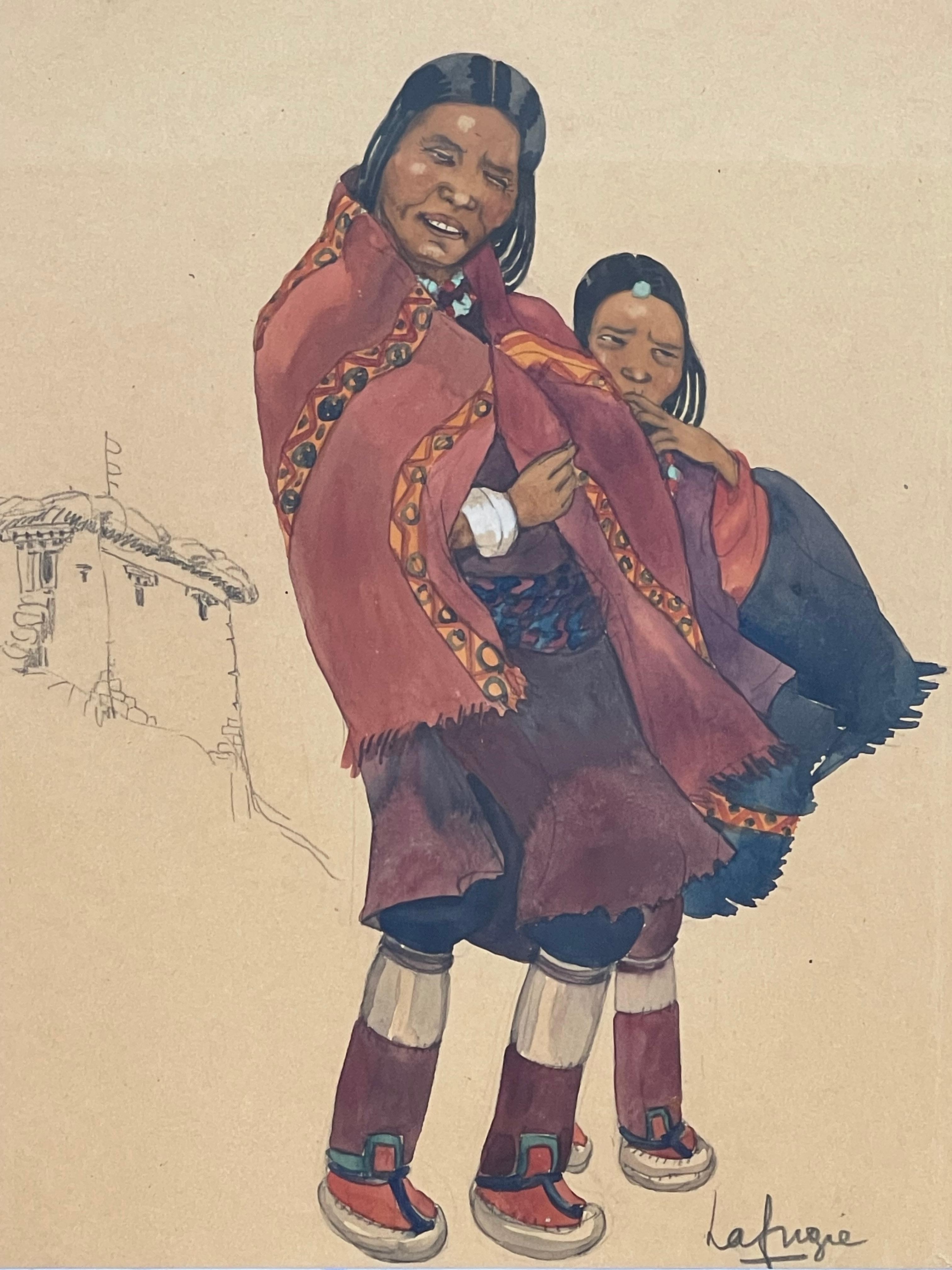 Asian  Gouache of a Tibetan woman and child, Léa LAFUGIE (1890-1972) For Sale