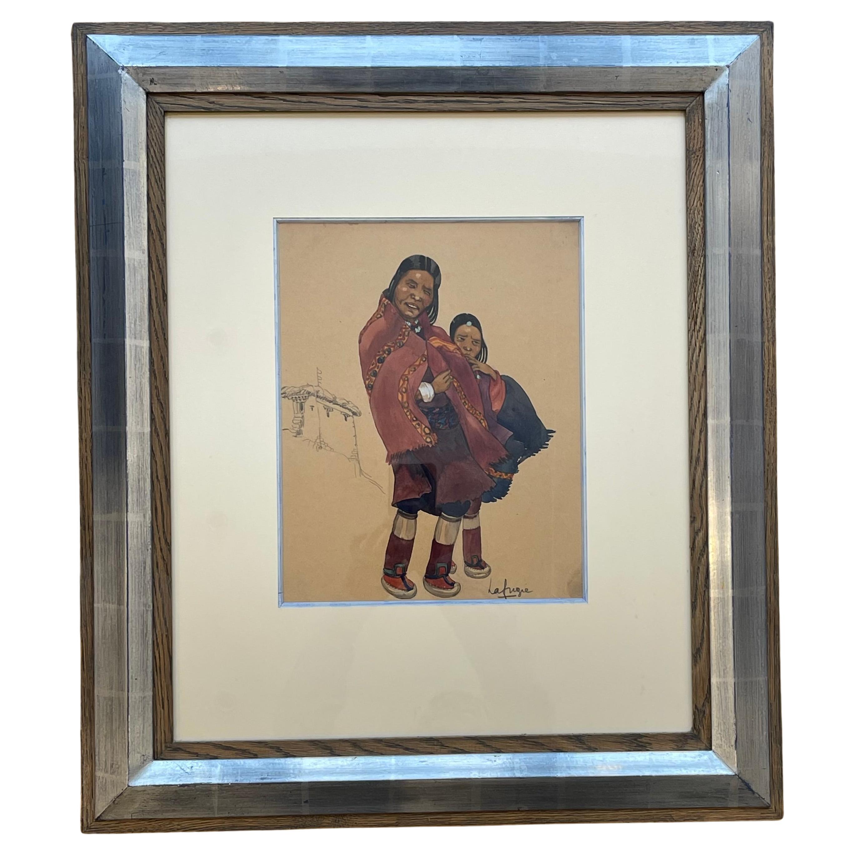  Gouache einer tibetischen Frau mit Kind, Léa LAFUGIE (1890-1972) im Angebot