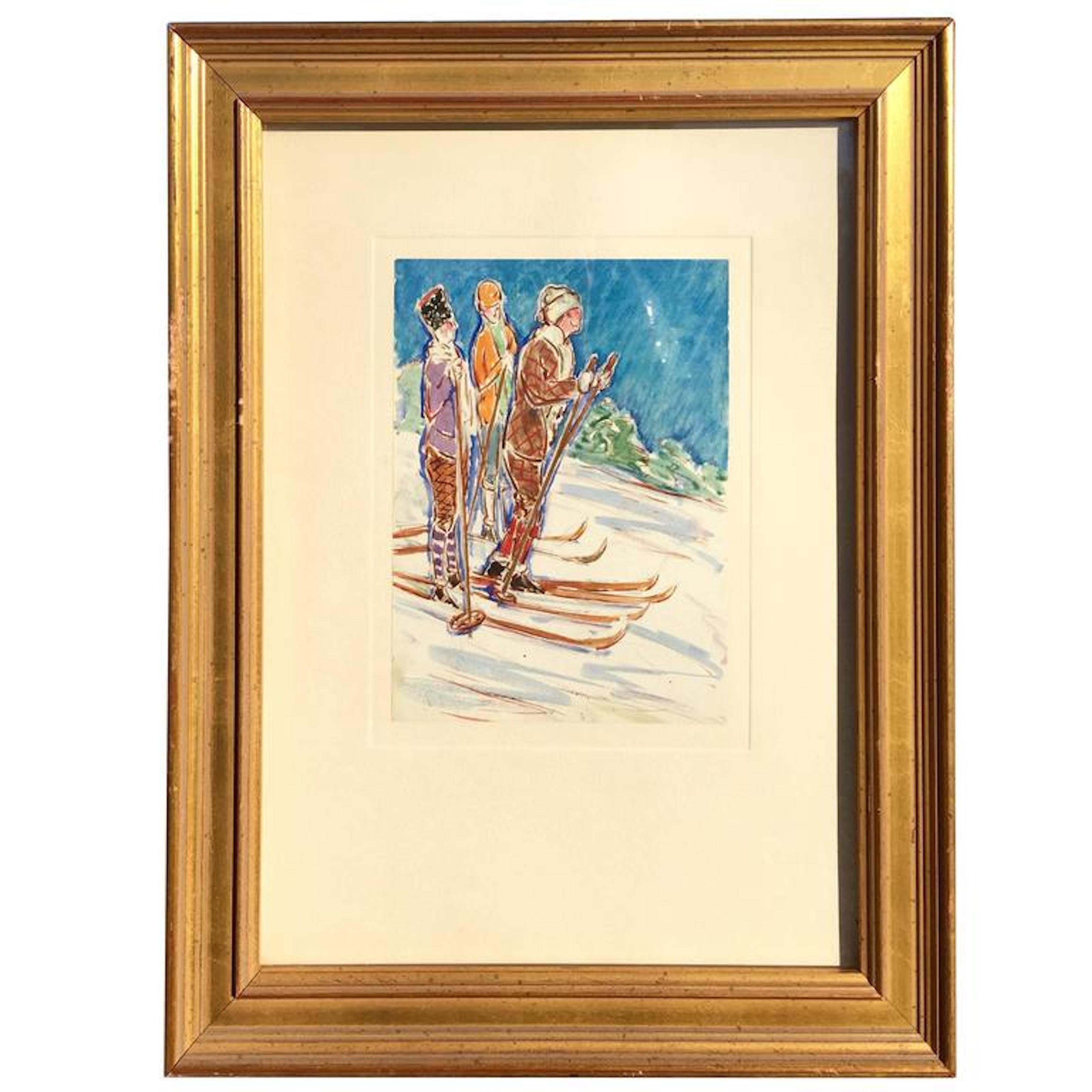Gouache of Skiers Early 20th Century by Rufus Dryer In Excellent Condition In Wiscasset, ME