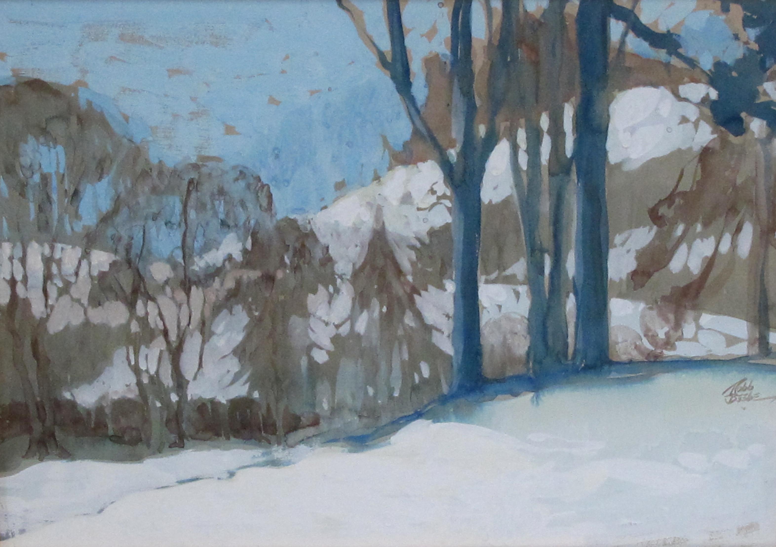Gouache sur papier d'une scène atmosphérique de forêt hivernale signée Robb Beebe (1891-1966) ; cette peinture sereine aux tons limités et aux couleurs harmonieuses dépeint une scène hivernale impressionniste et vallonnée. Robb Beebe a commencé sa