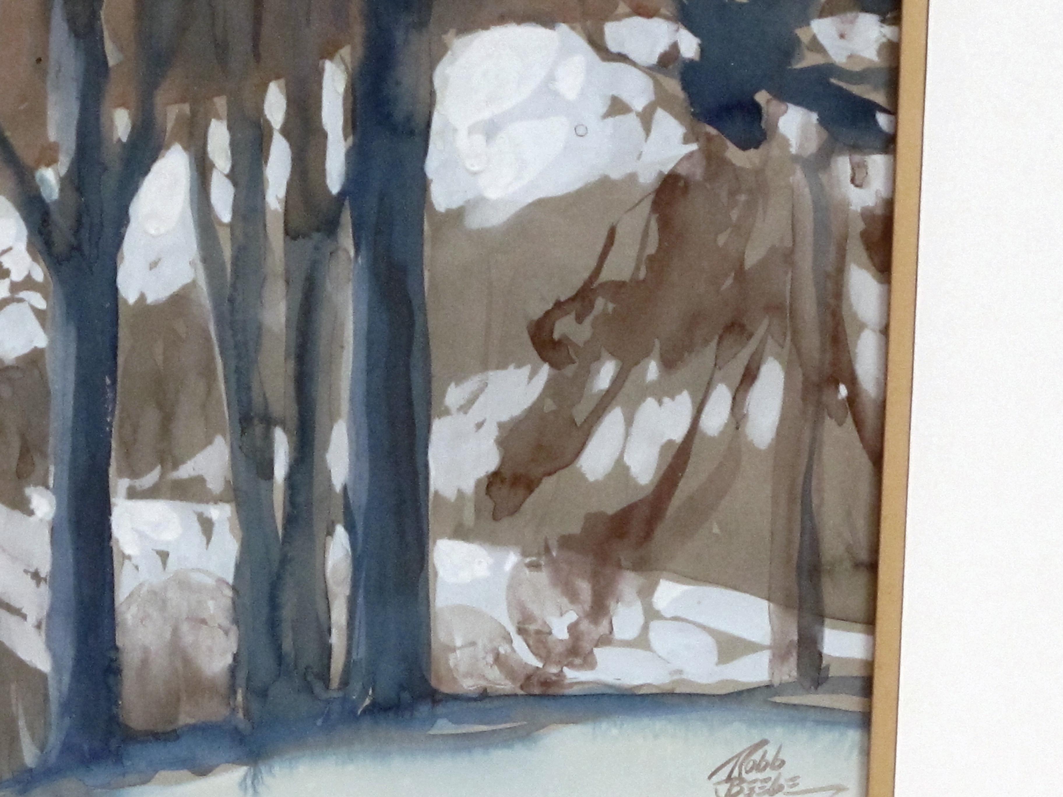 Gouache on Paper of an Atmospheric Wintry Forest Scene Signed Robb Beebe In Excellent Condition For Sale In San Francisco, CA
