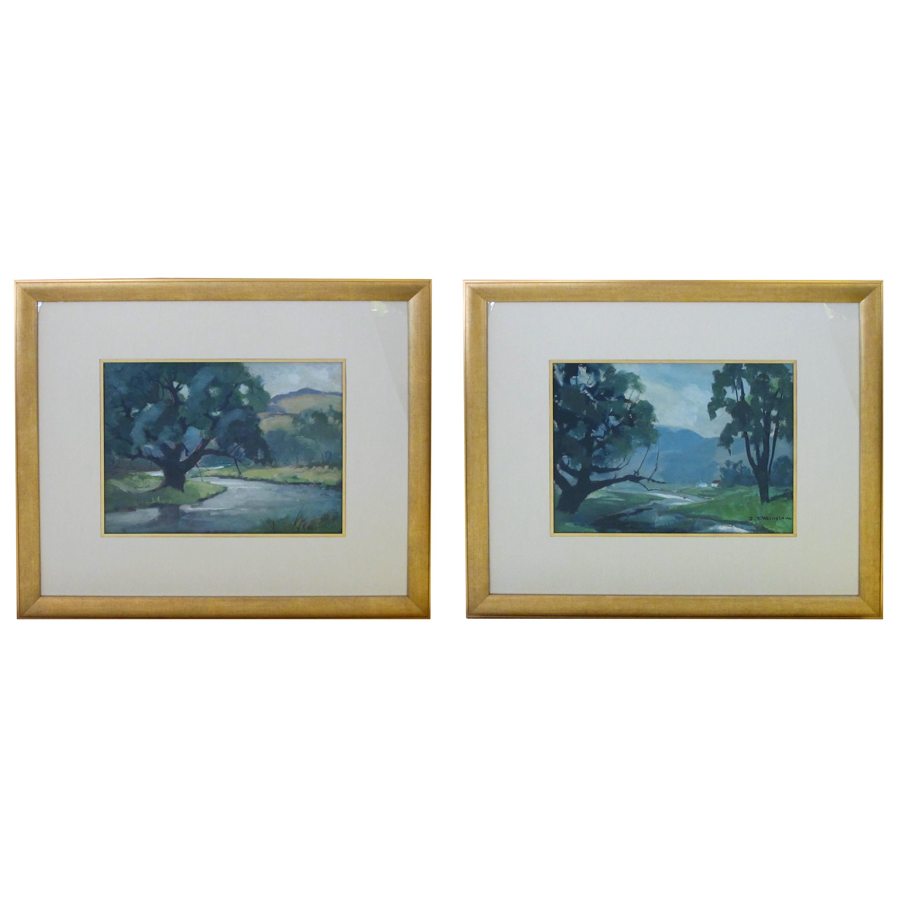 Gouache on Paper Two Serene Impressionist Landscape Paintings by J. T. Winslow