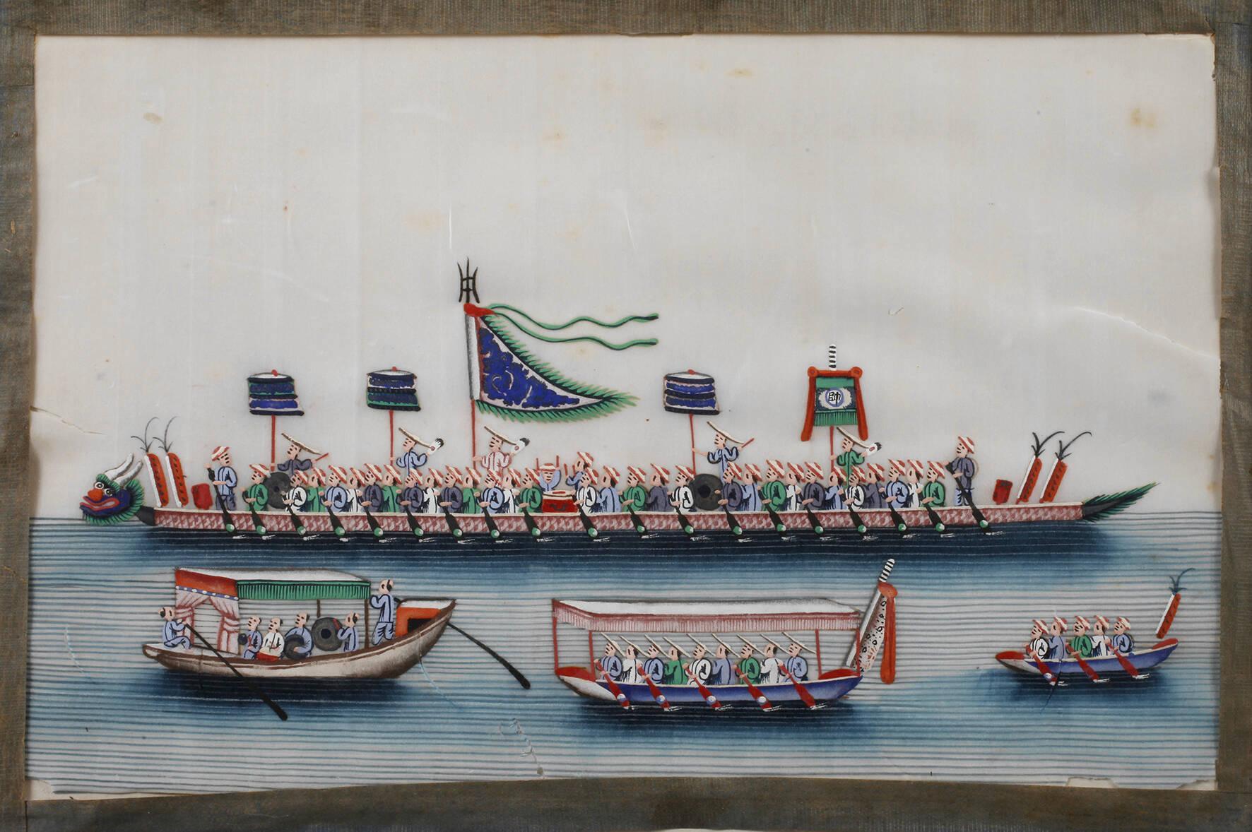 Gouache on Ricepaper of the Chinese Imperial Dragon Boat, 19th Century In Fair Condition For Sale In Langweer, NL