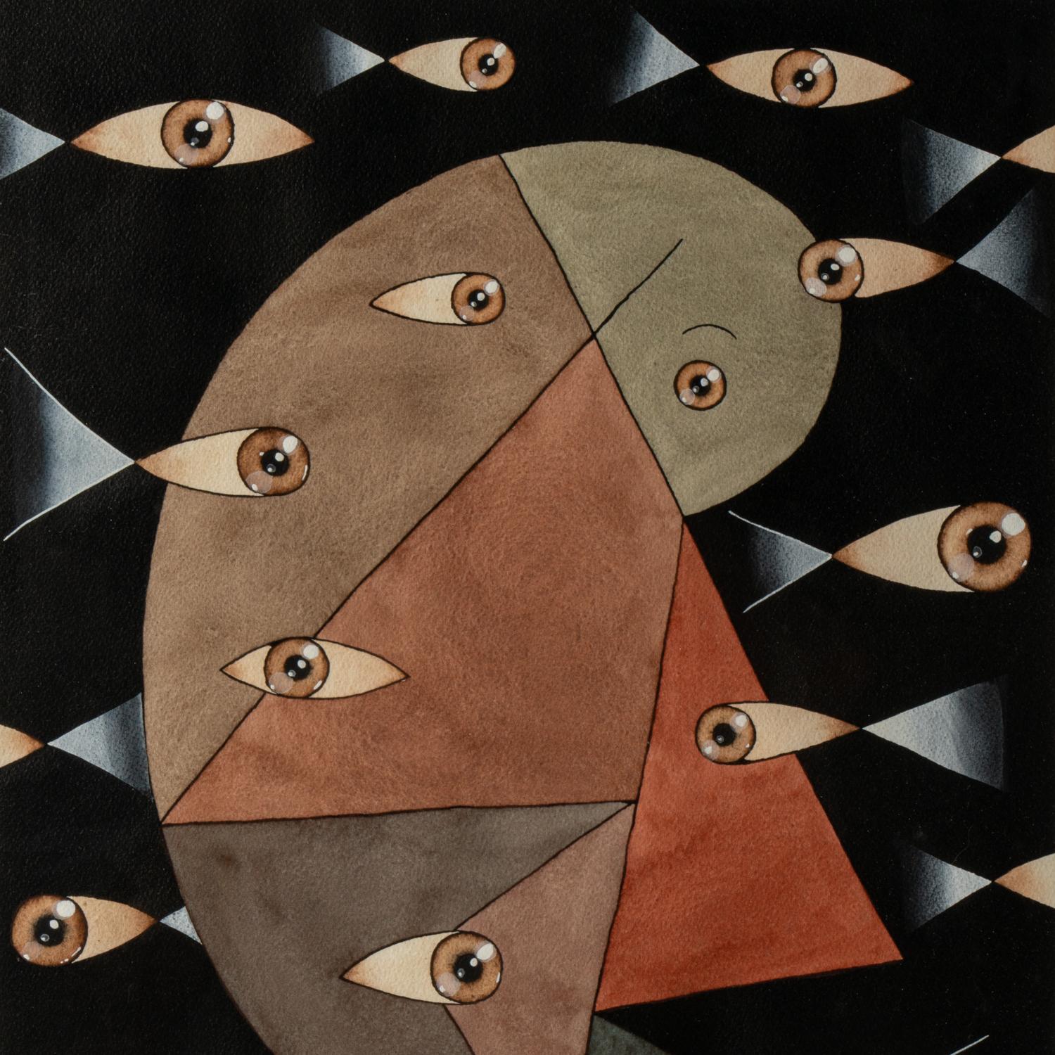 Fondimare, unterzeichnet.

Gouache oder Mischtechnik im surrealistischen Stil, die abstrakte Gesichter und Augen darstellt, in Rot- und Blautönen und auf schwarzem Grund
Hintergrund.

Das Werk wurde in den 1980er Jahren realisiert.
