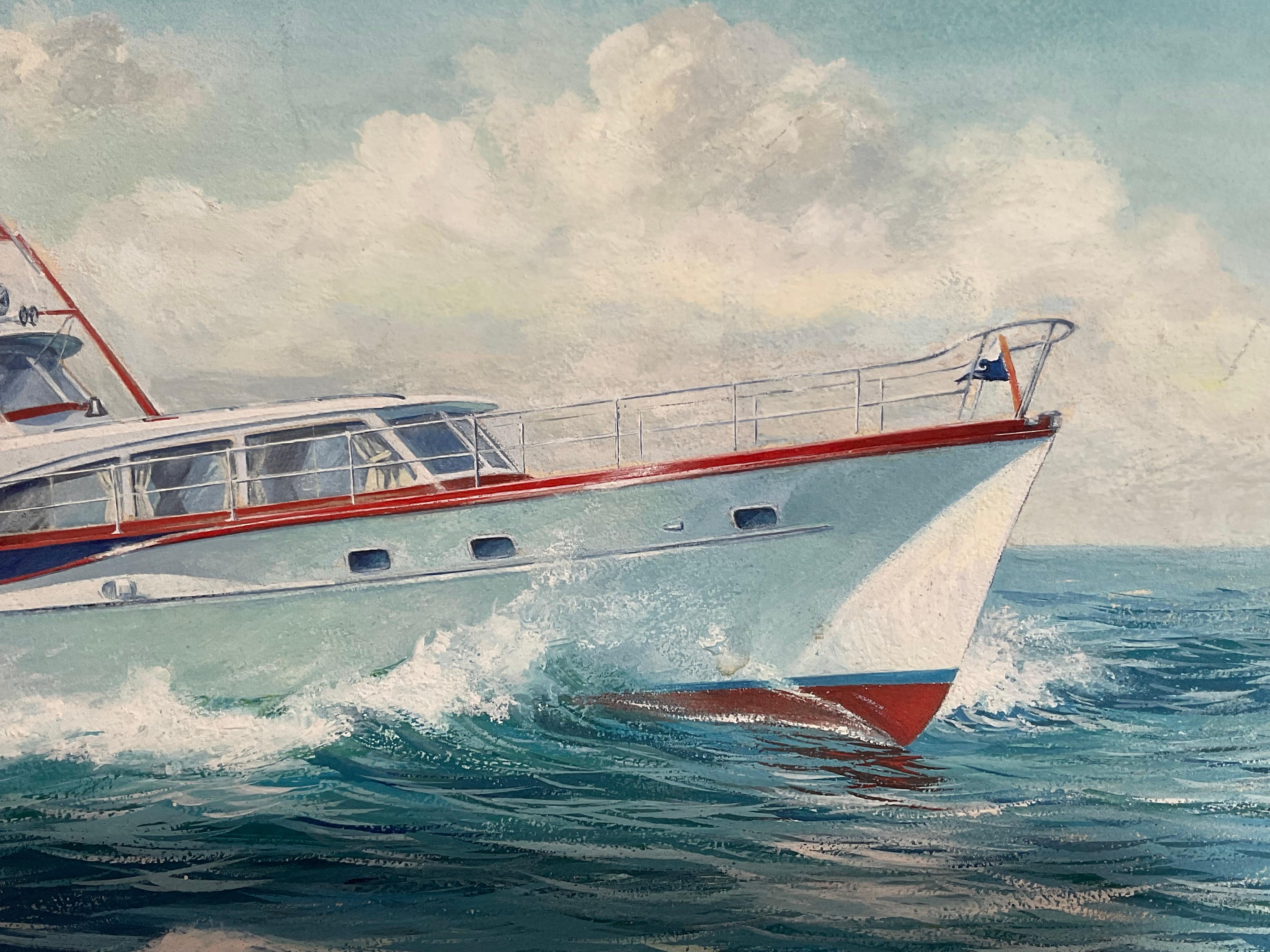 Metà XX secolo Dipinto a guazzo di uno yacht di Meredith A. Scott in vendita