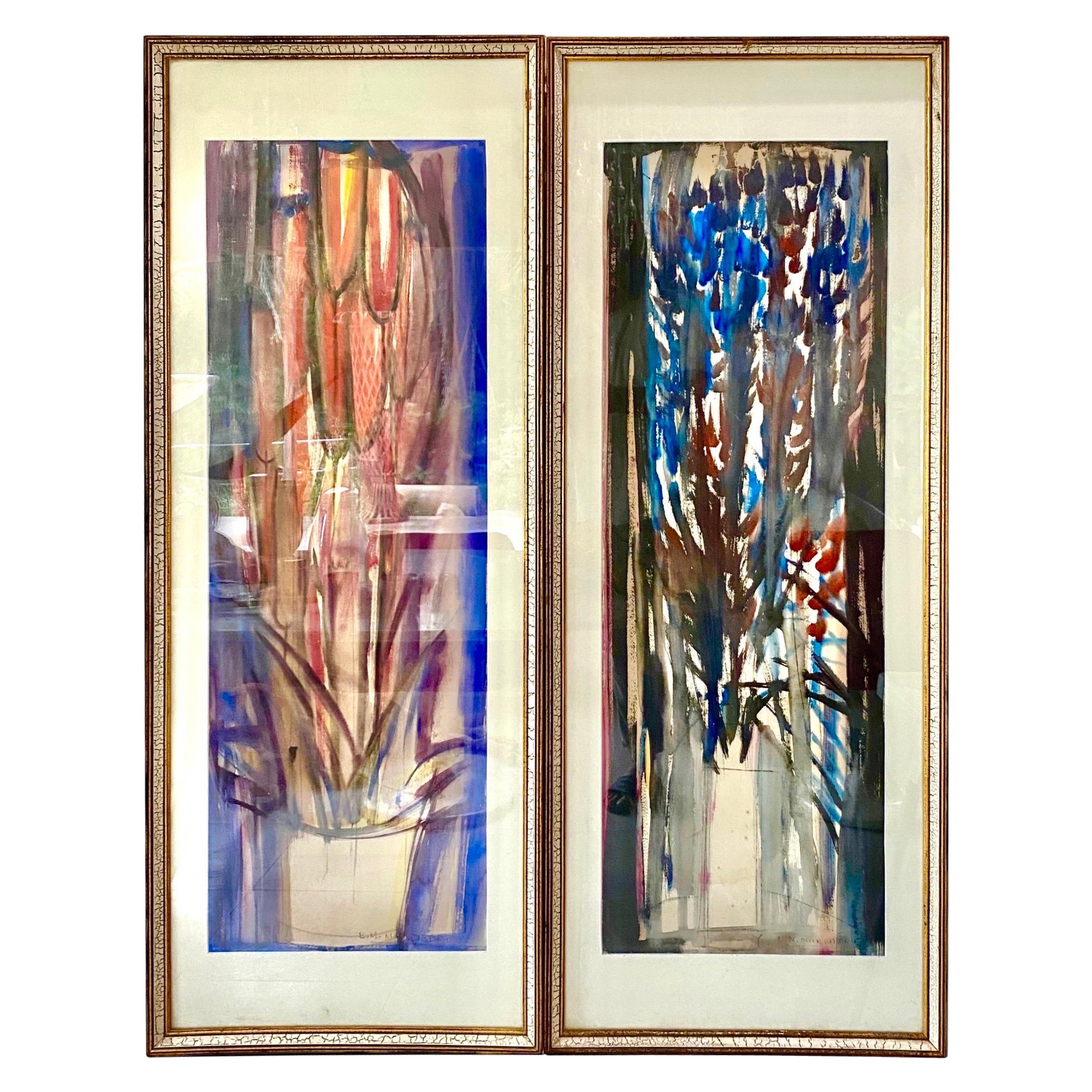 Gouache-Gemälde Abstrakte Blumen mit Vase Periode 1960, Spanien Ibiza Baleares, Spanien im Angebot