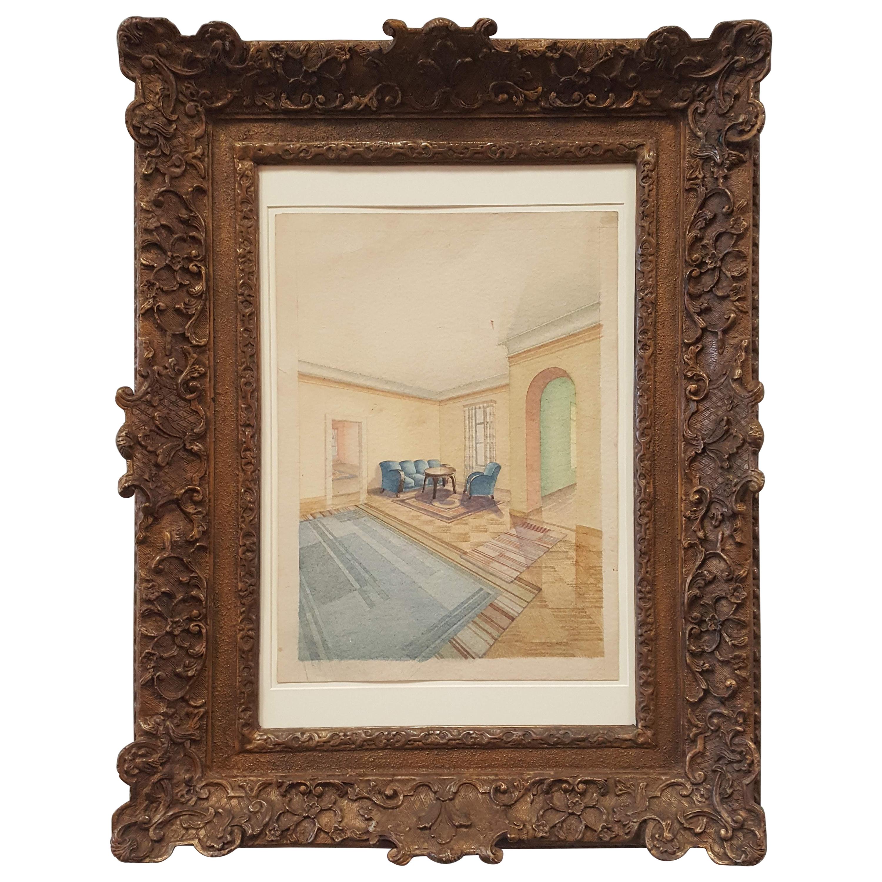 Gouache Painting of an Bauhaus/ Art Deco Interior Scene, framed