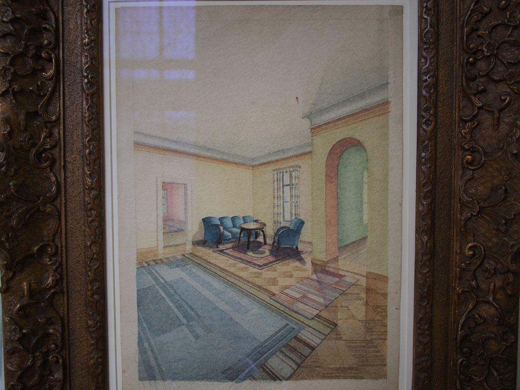 In interesting combination of a Modern Bauhaus style gouache, combined with an impressive Impressionism frame. The gouache painting is made by an artist from Berlin and shows a timeless interior in the Bauhaus style. What makes the painting special