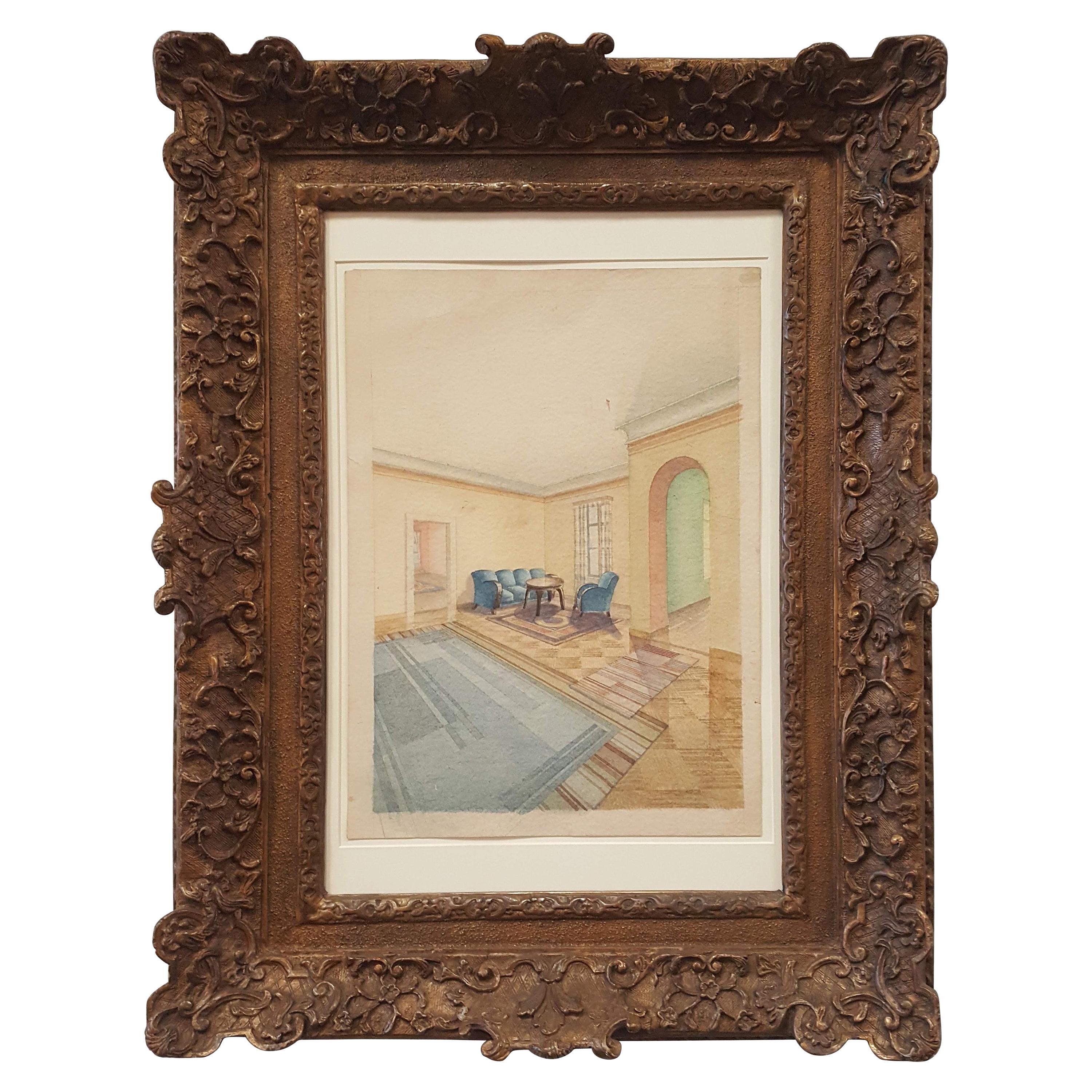 Gouache-Gemälde eines Bauhauses/ einer Innenszene im Art-déco-Stil, Rahmen im Impressionismus