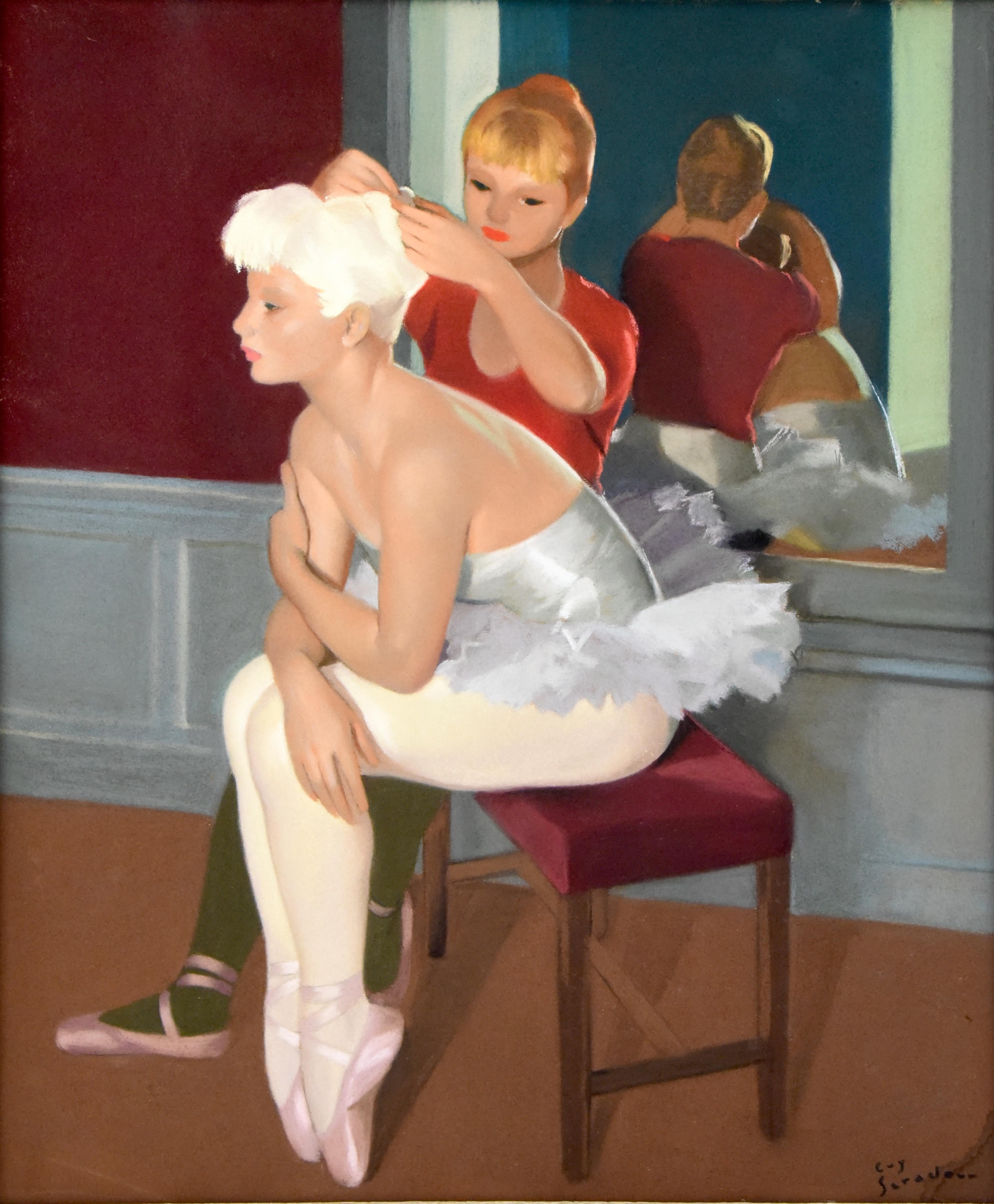 Gouache painting of two young ballerina girls who are preparing for a performance. One dressed in a tutu is sitting in a chair while her friend helps with her hairdo. The gouache has beautiful colors and the original frame. The work is signed by Guy