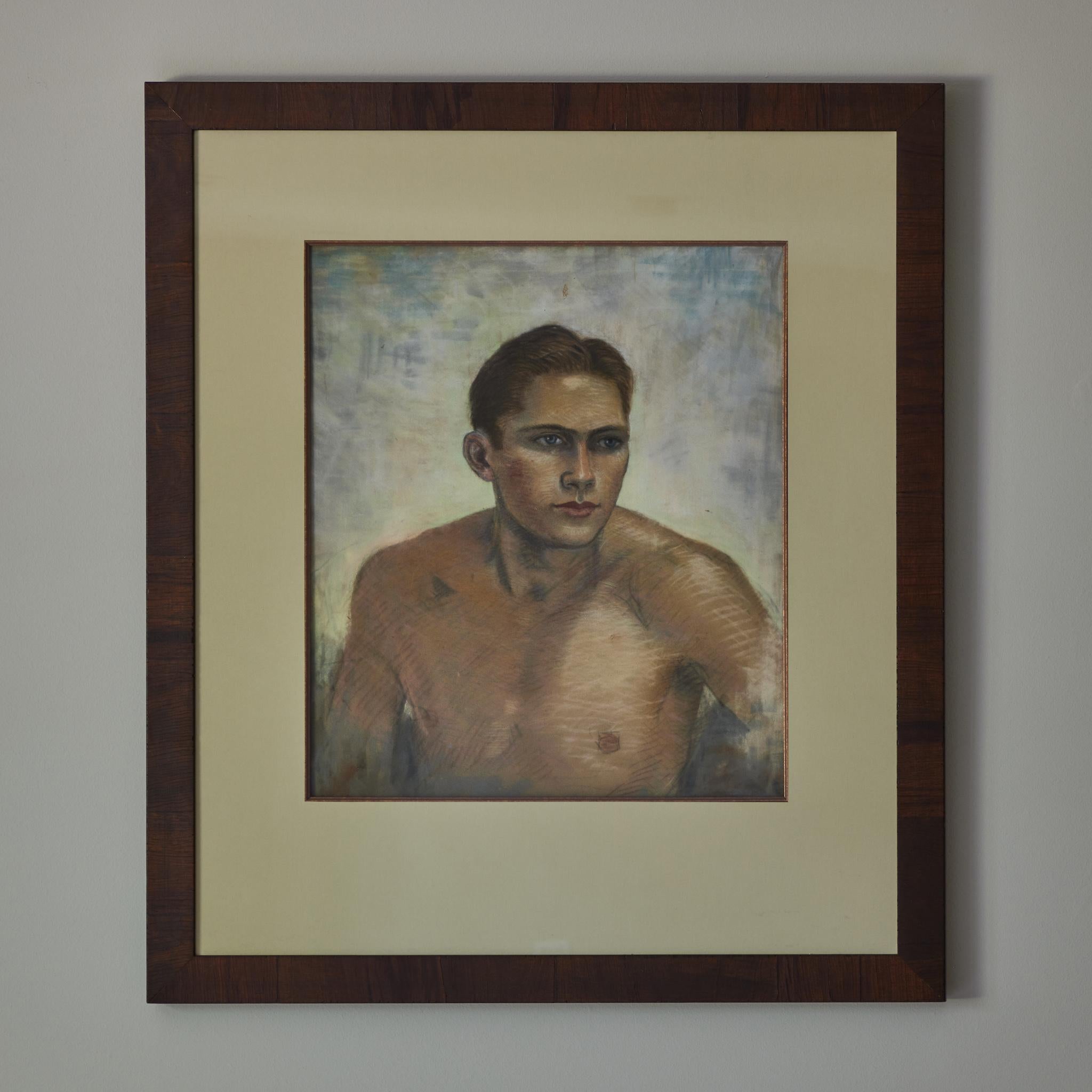 Framed gouache painting of a young man by Matthew William Boyhan (unsigned).  The subject gazes past the viewer with an air of pensive absorption, his lean torso and ruddy brow aglow with the freshness of youth. Vigorous and moody, the figure seems