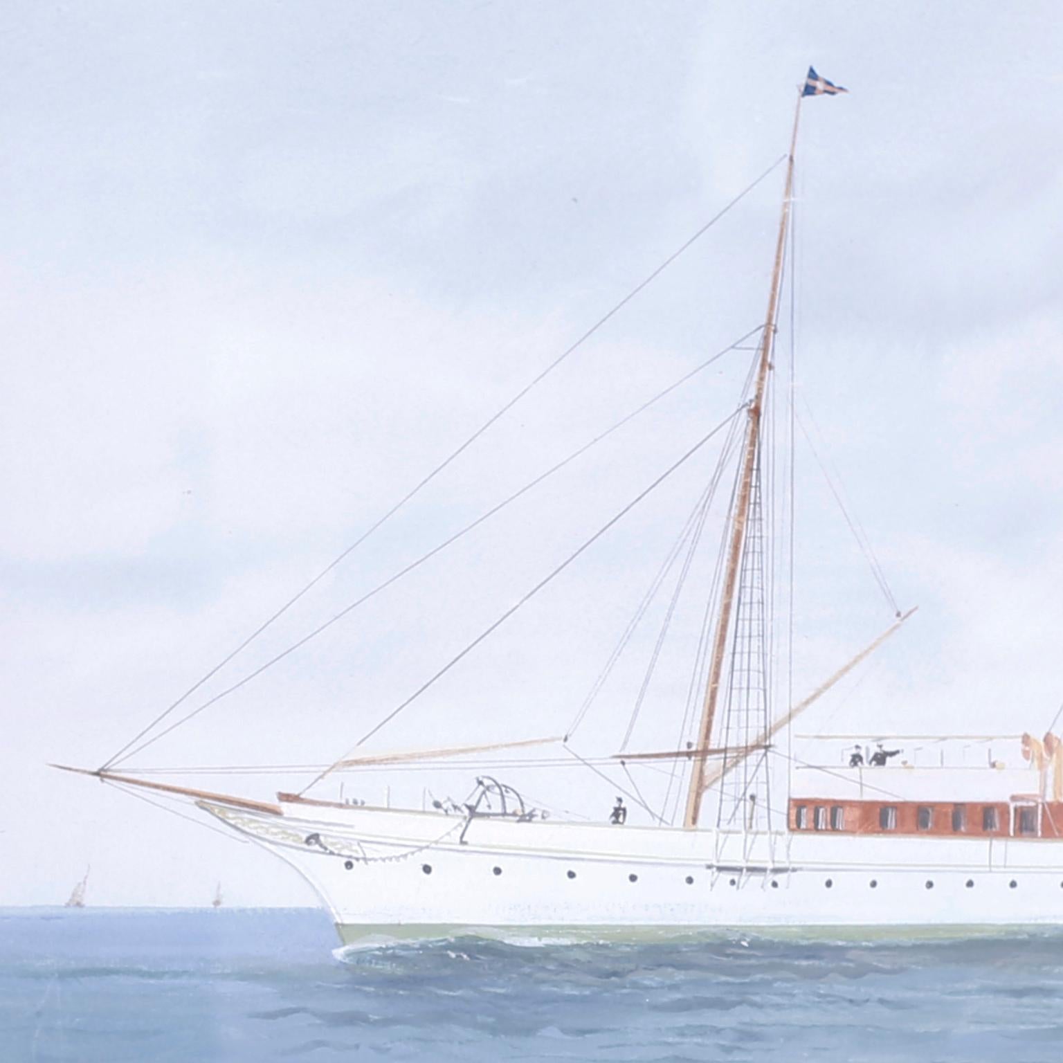 Gouache painting on paper of the steam sail yacht 