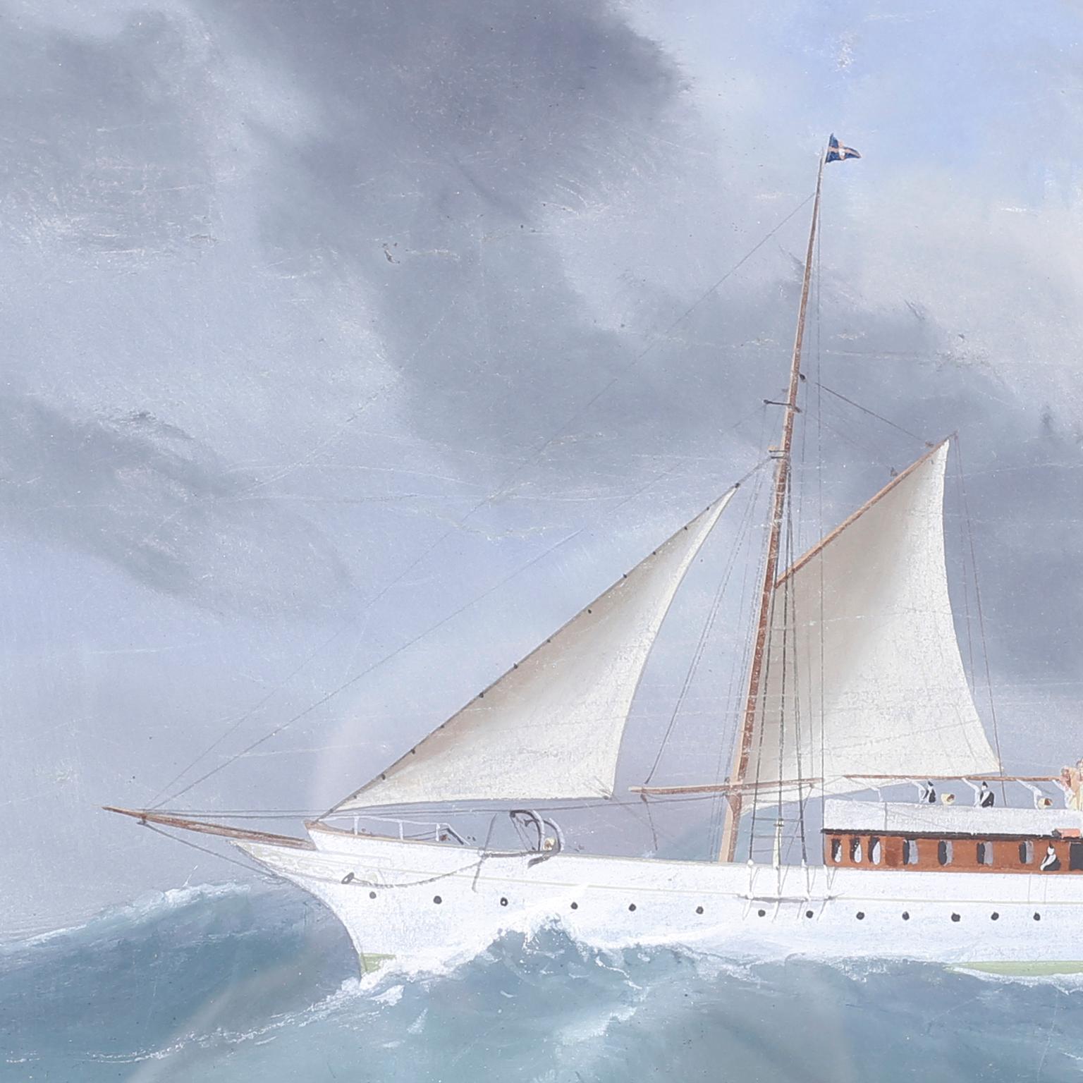 Gouache paint on paper of the steam sail yacht or schooner 