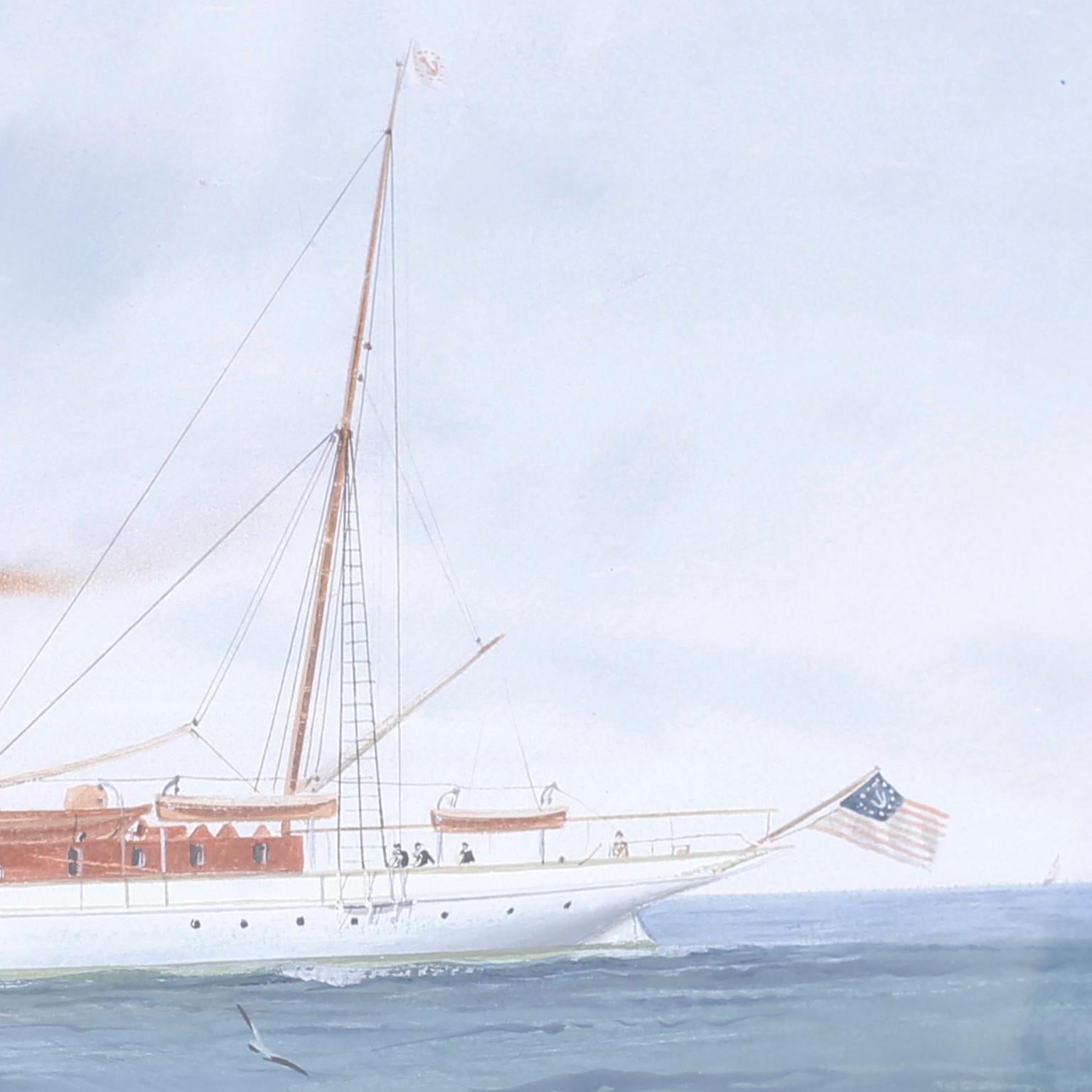 American Gouache Painting on Paper of a Yacht