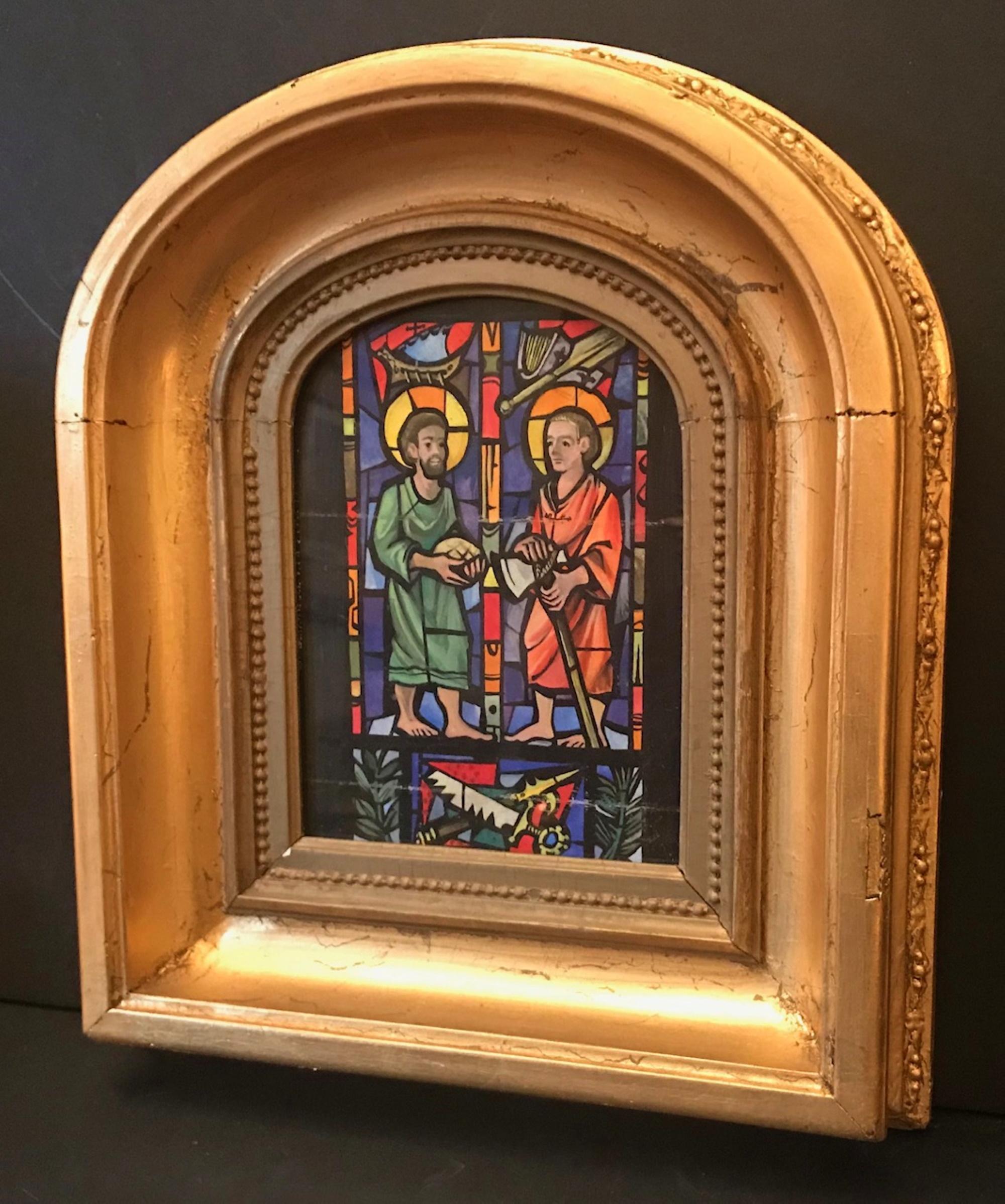 Vintage Gouache sketch religious stained glass church window Design giltwood frame artwork

This is a very artistic rendering of a church stained glass window. It pictures two figures, representing St. Peter and Jesus Christ; each is seen with his