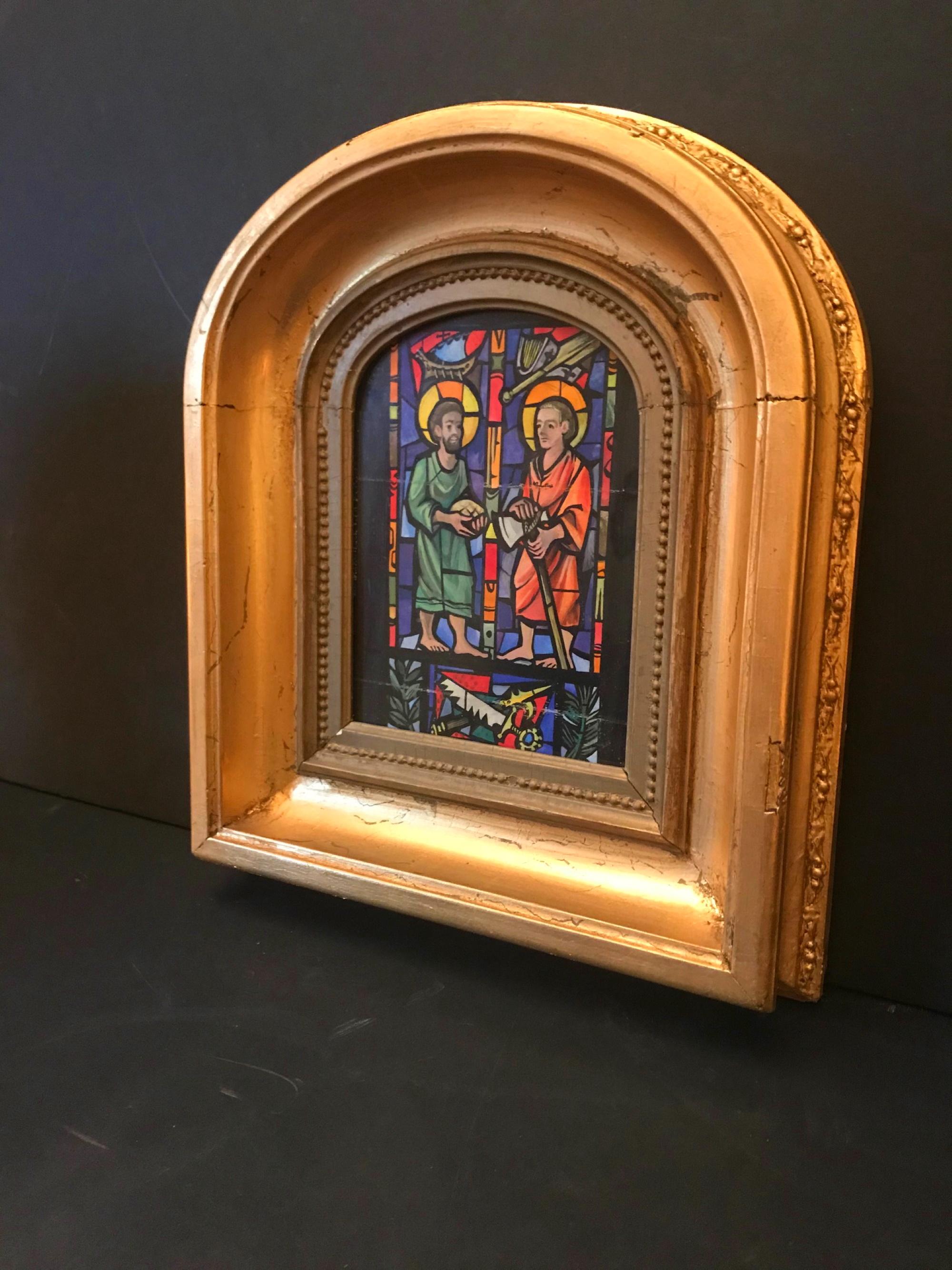 American Gouache Sketch Religious Stained Glass Window Design, Giltwood Framed