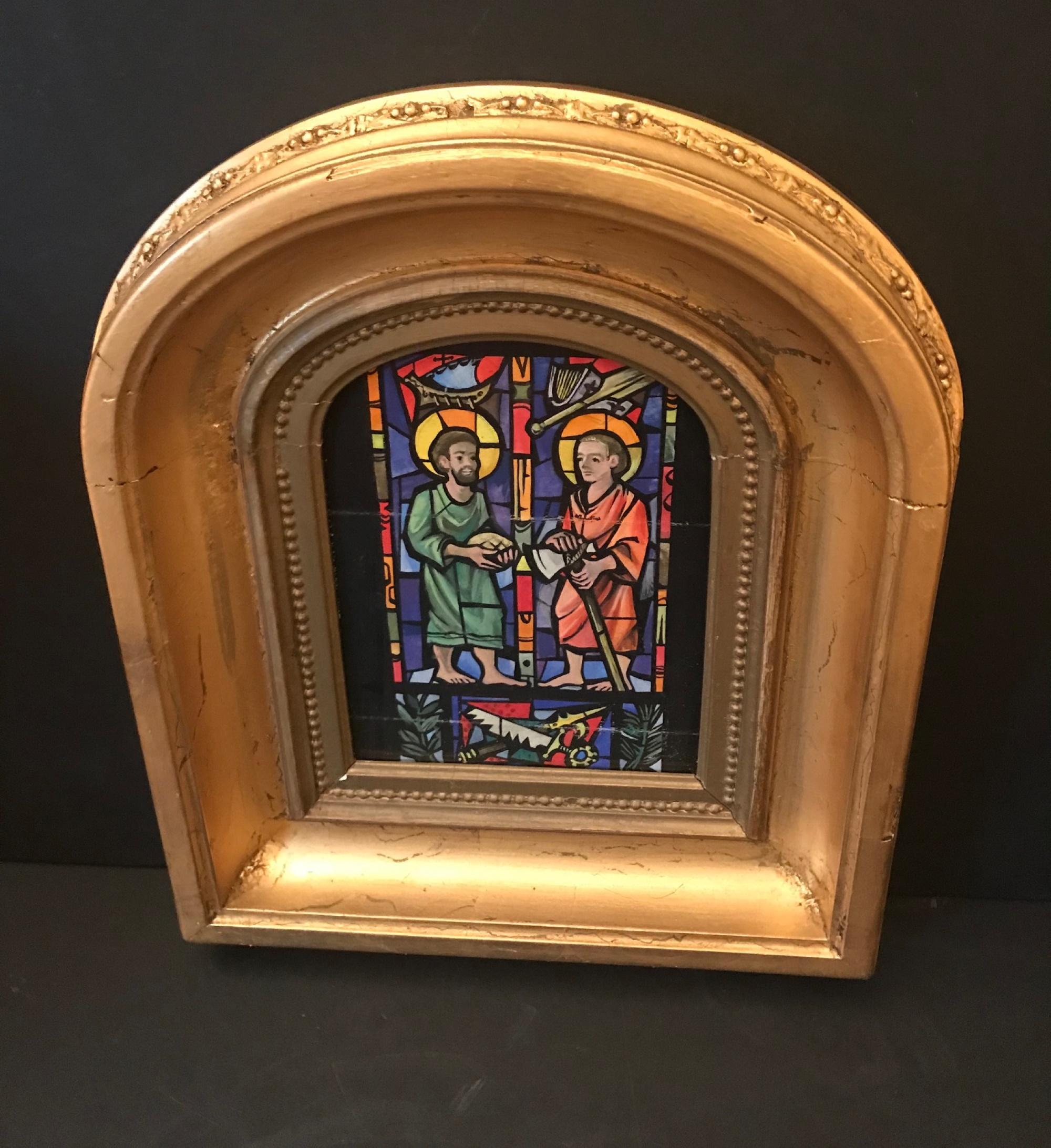 Hand-Carved Gouache Sketch Religious Stained Glass Window Design, Giltwood Framed