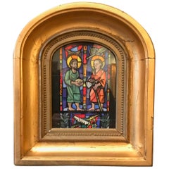 Retro Gouache Sketch Religious Stained Glass Window Design, Giltwood Framed