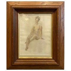 Gouache, Watercolor Female Nude, in Wooden Frame, 1916