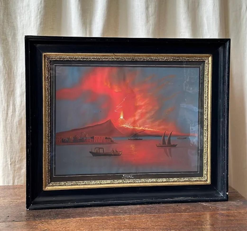 Bay of Naples with Eruption of Vesuvius, Titled 'Vesuvius Eruz del 1840'. Gouache with Cover White on Wooden Panel, Artist Unkown. 

Measures - 43 x 58 cm
Framed dimensions: 66.5 x 80 x 5.6 cm

This vibrant gouache painting captures the dramatic