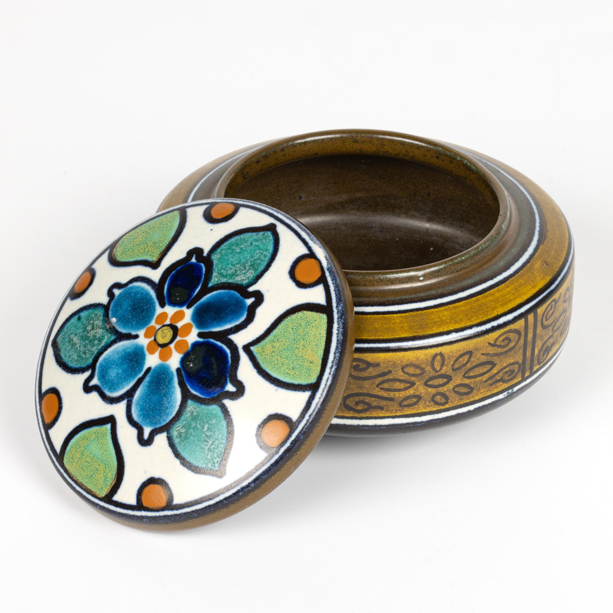 Ceramic Gouda Dutch Art Deco Sydney Pattern Painted Lidded Bowl For Sale