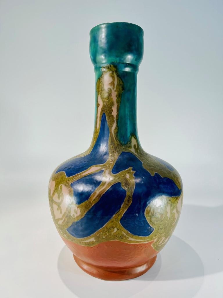 Dutch Large GOUDA dutch multicolor polychrome Art Nouveau porcelain vase circa 1900 For Sale