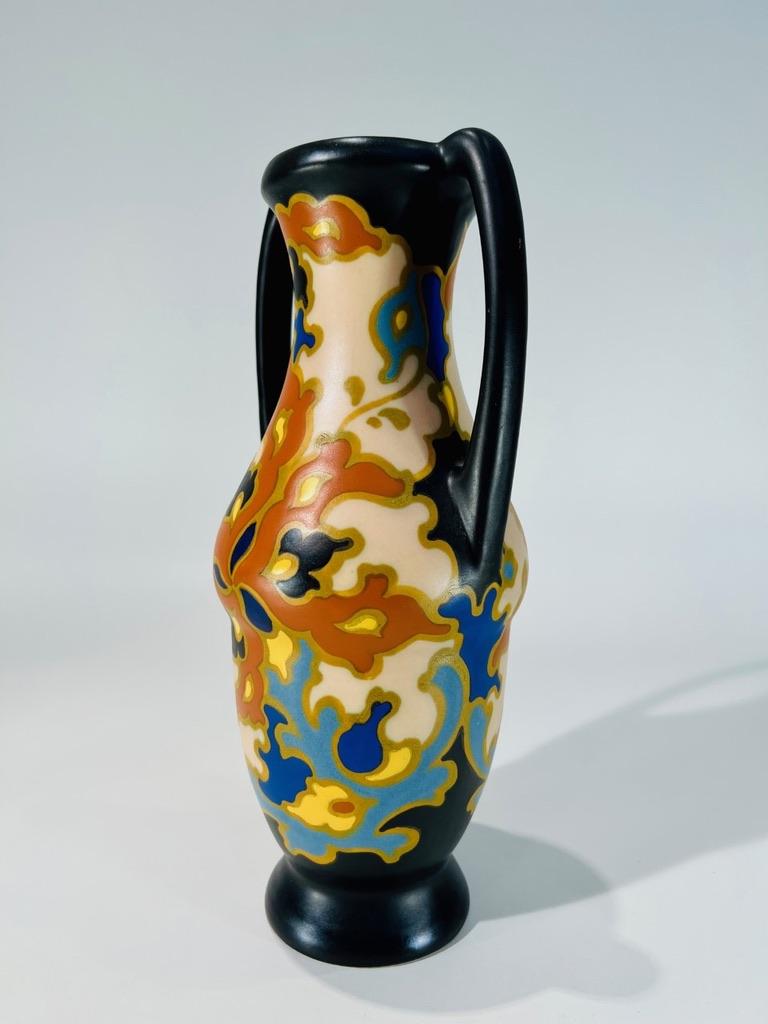 Dutch GOUDA dutch multicolor polychrome Art Nouveau porcelain vase circa 1900 For Sale