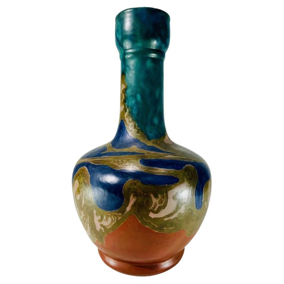 Large GOUDA dutch multicolor polychrome Art Nouveau porcelain vase circa 1900 For Sale