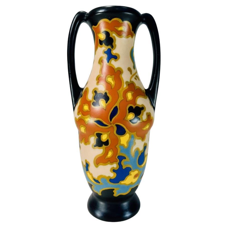 GOUDA dutch multicolor polychrome Art Nouveau porcelain vase circa 1900 For Sale