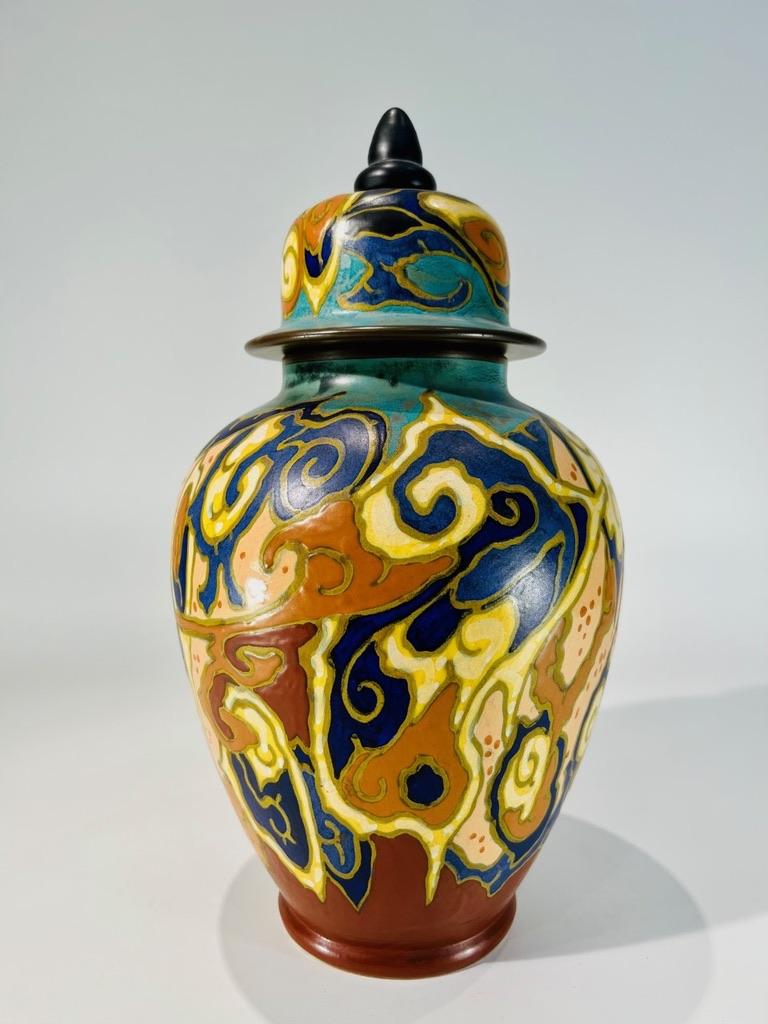 Incredible potiche by Gouda Dutch porcelain Art Nouveau multicolor circa 1900