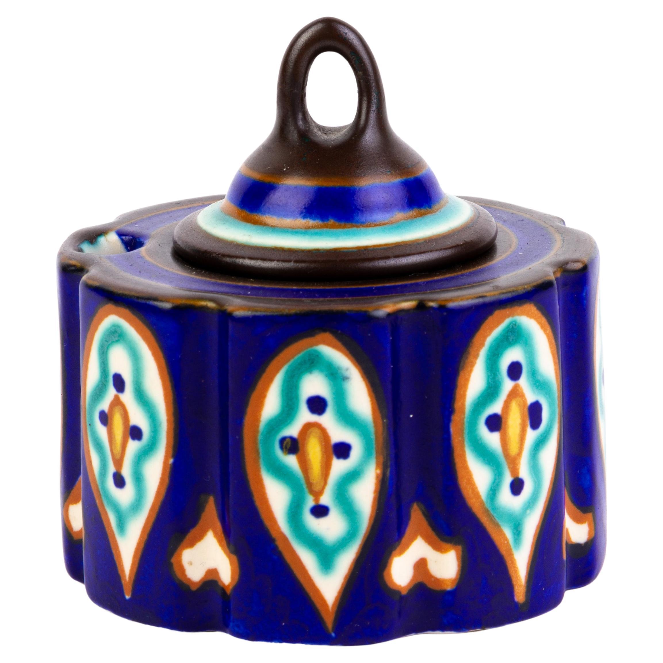 Gouda Holland Dutch Earthenware Pottery Art Nouveau Lidded Inkwell For Sale