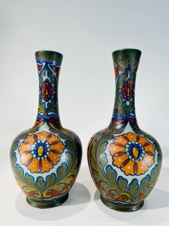 GOUDA pair of vases in dutch porcelain multicolor Art Nouveau circa 1900