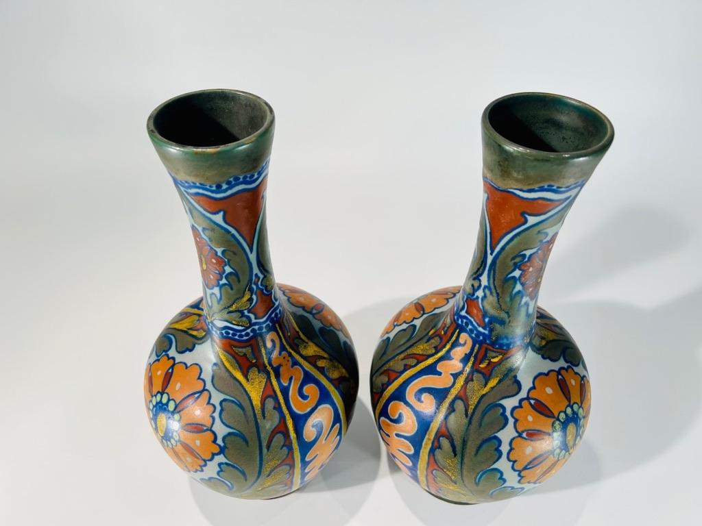 Dutch GOUDA pair of vases in dutch porcelain multicolor Art Nouveau circa 1900 For Sale