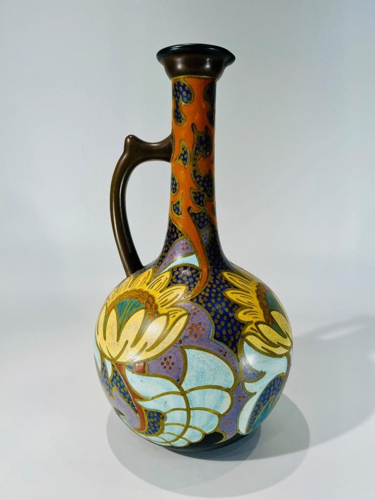 Incredible GOUDA to Pikan dutch multicolor ceramic Art Nouveau vase circa 1900